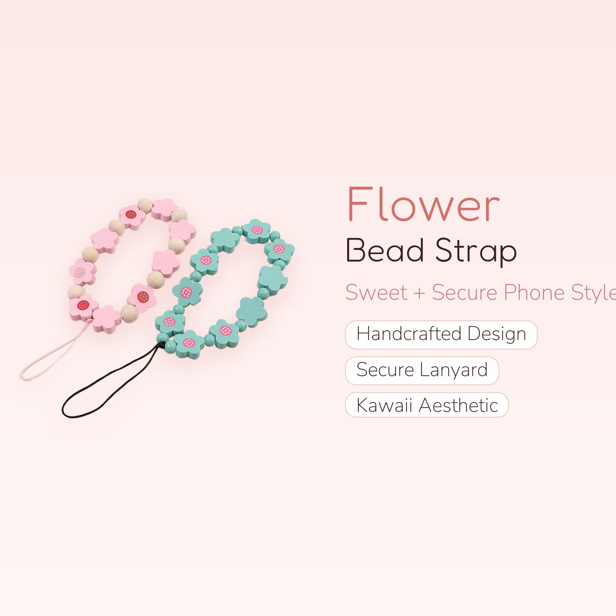 Cute Wooden Flower Phone Charm Strap | Pastel Bead Wrist Lanyard