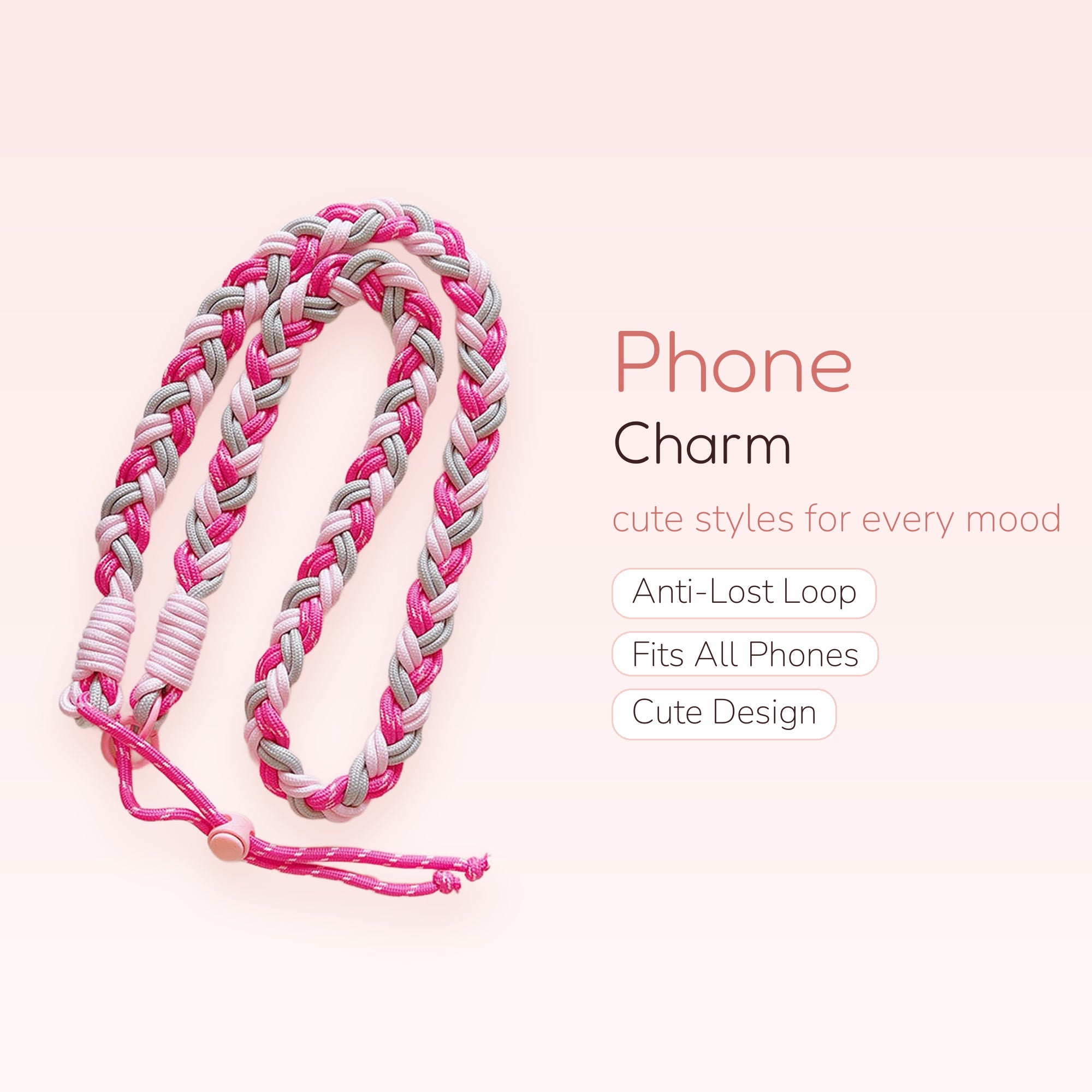 Pink & Gray Braided Phone Lanyard | Aesthetic Adjustable Neck Strap
