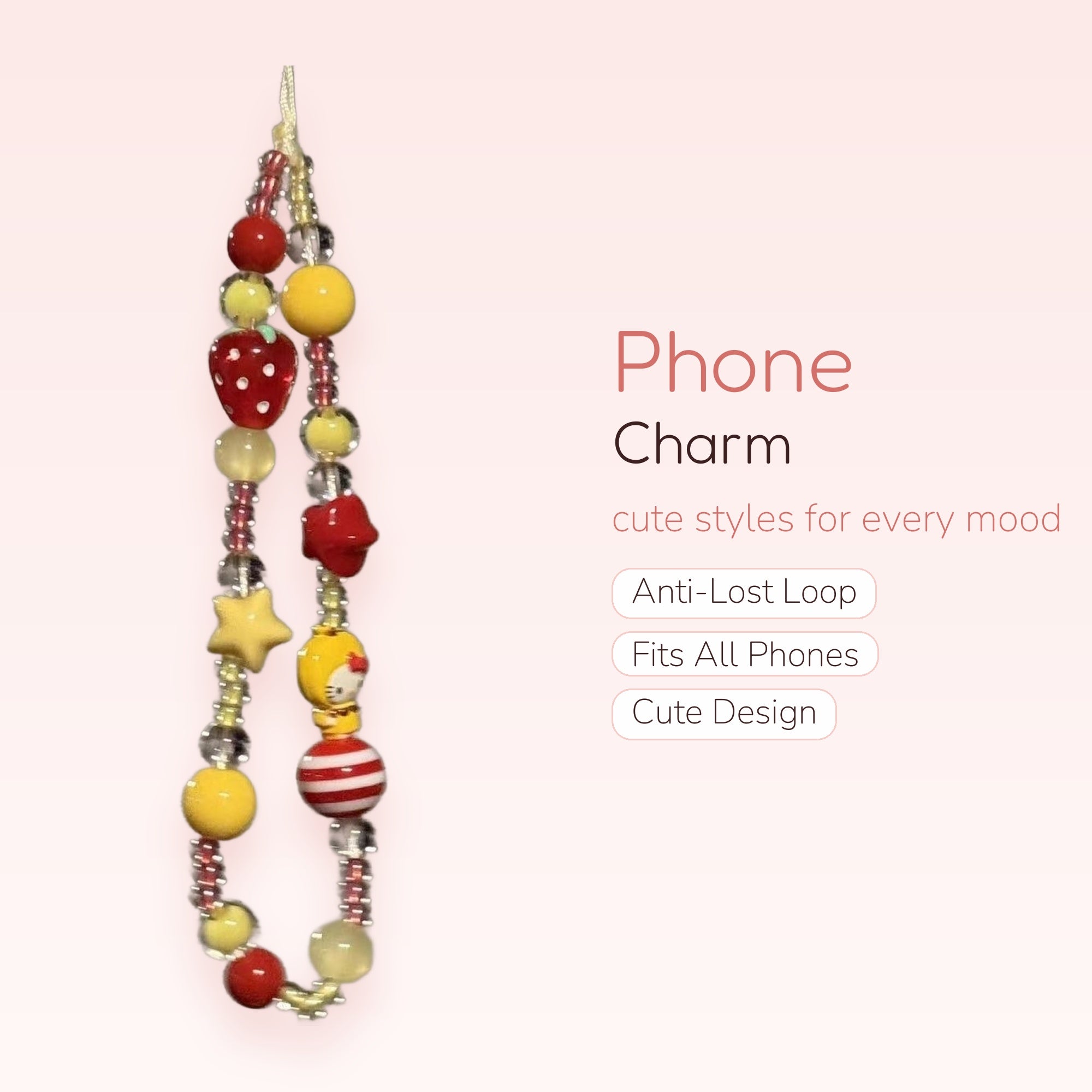 Kawaii Red & Yellow Beaded Phone Charm | Strawberry Hello Kitty Star Wrist Lanyard