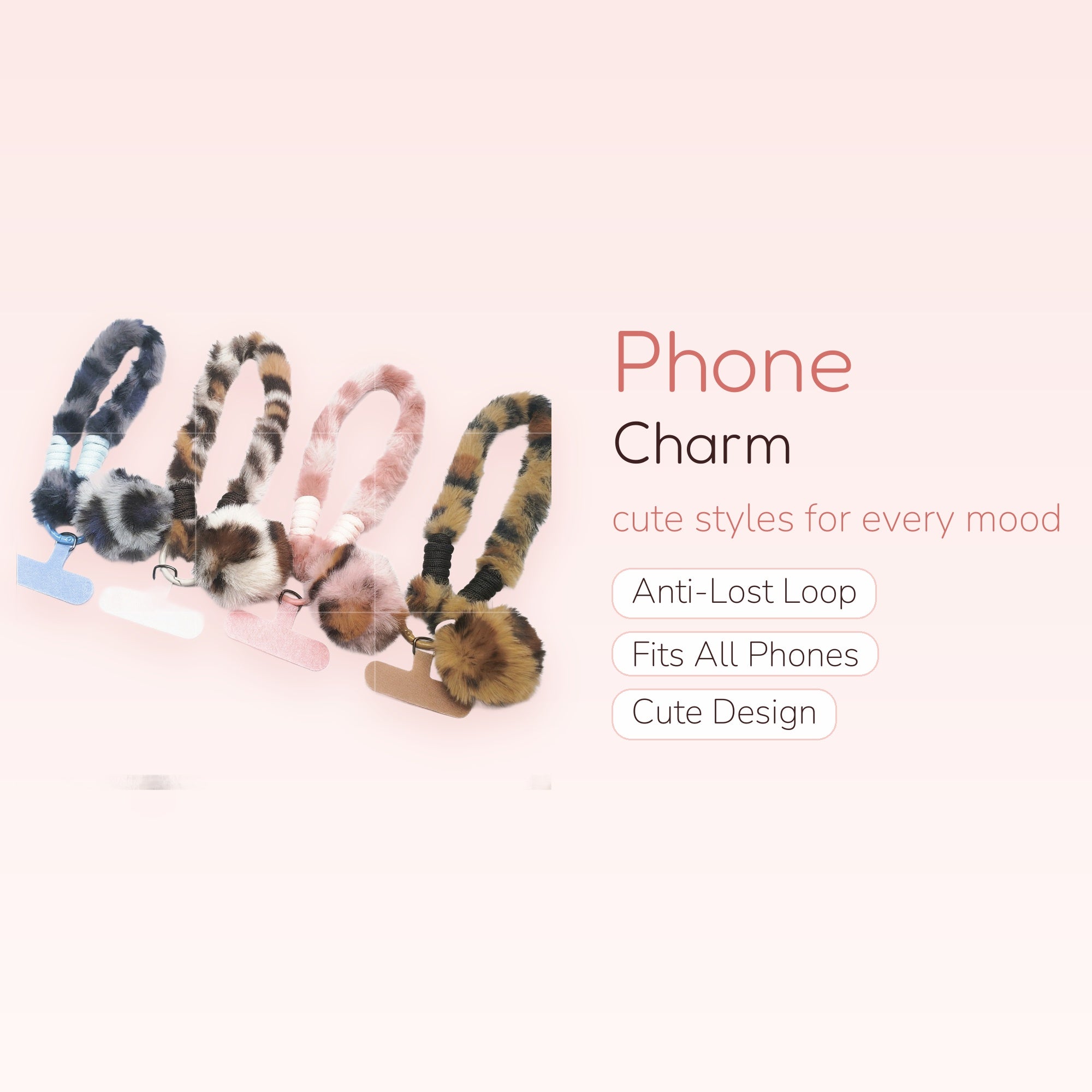 Fuzzy Leopard Print Phone Charm Wristlet | Cute Faux Fur Phone Strap with Pom Pom