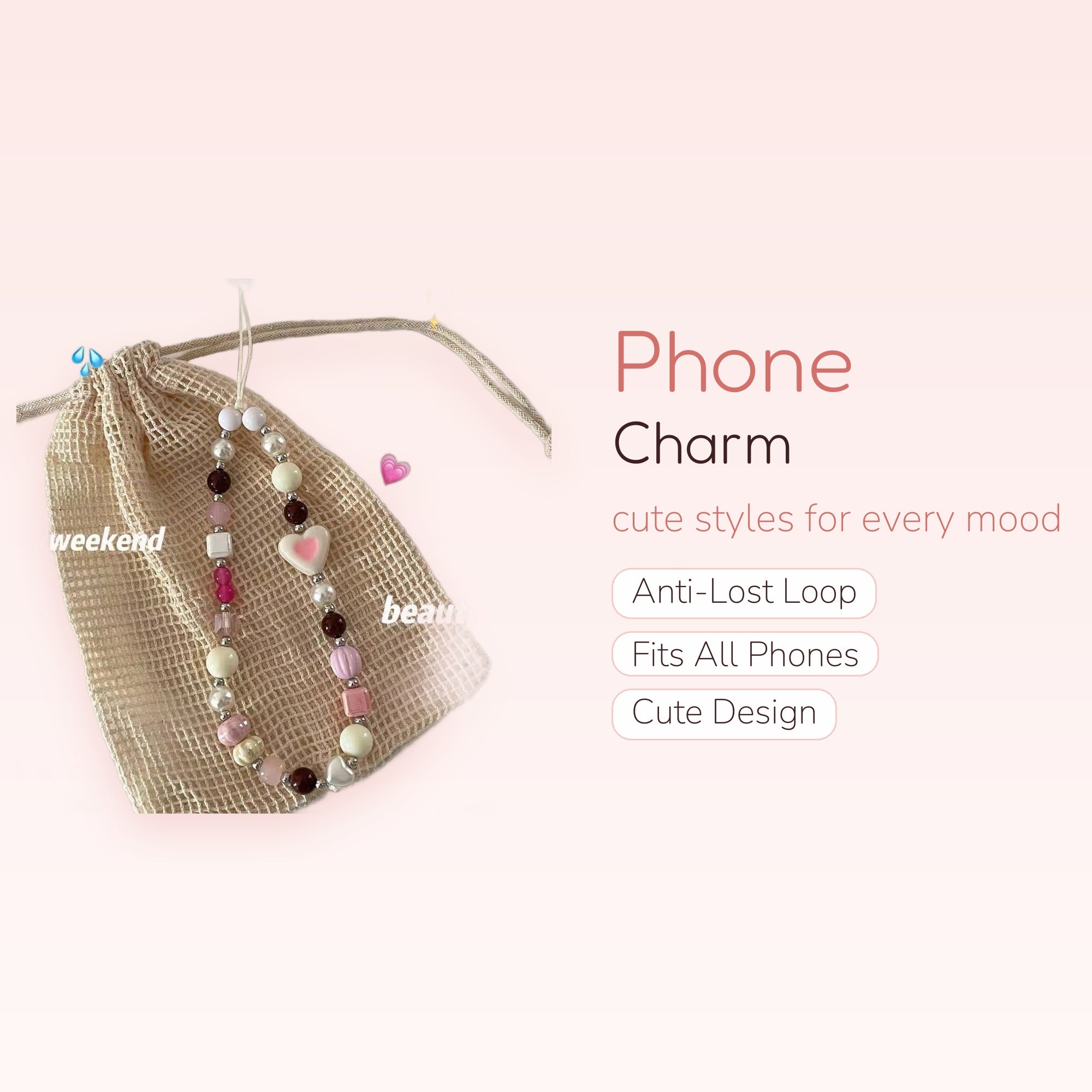 Pastel Beaded Phone Charm Strap with Heart & Pearl Accents | Kawaii Aesthetic Wrist Lanyard