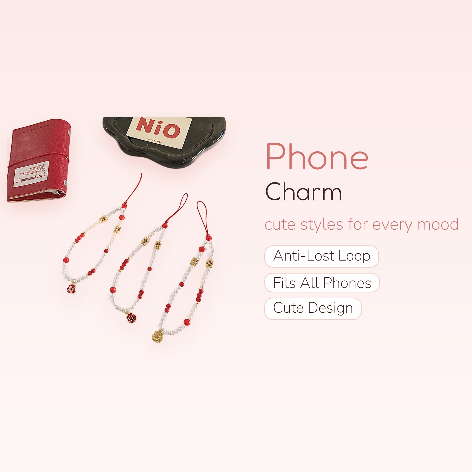 Aesthetic Red & White Pearl Phone Charm Strap | Lucky Gold Charm Wrist Lanyard