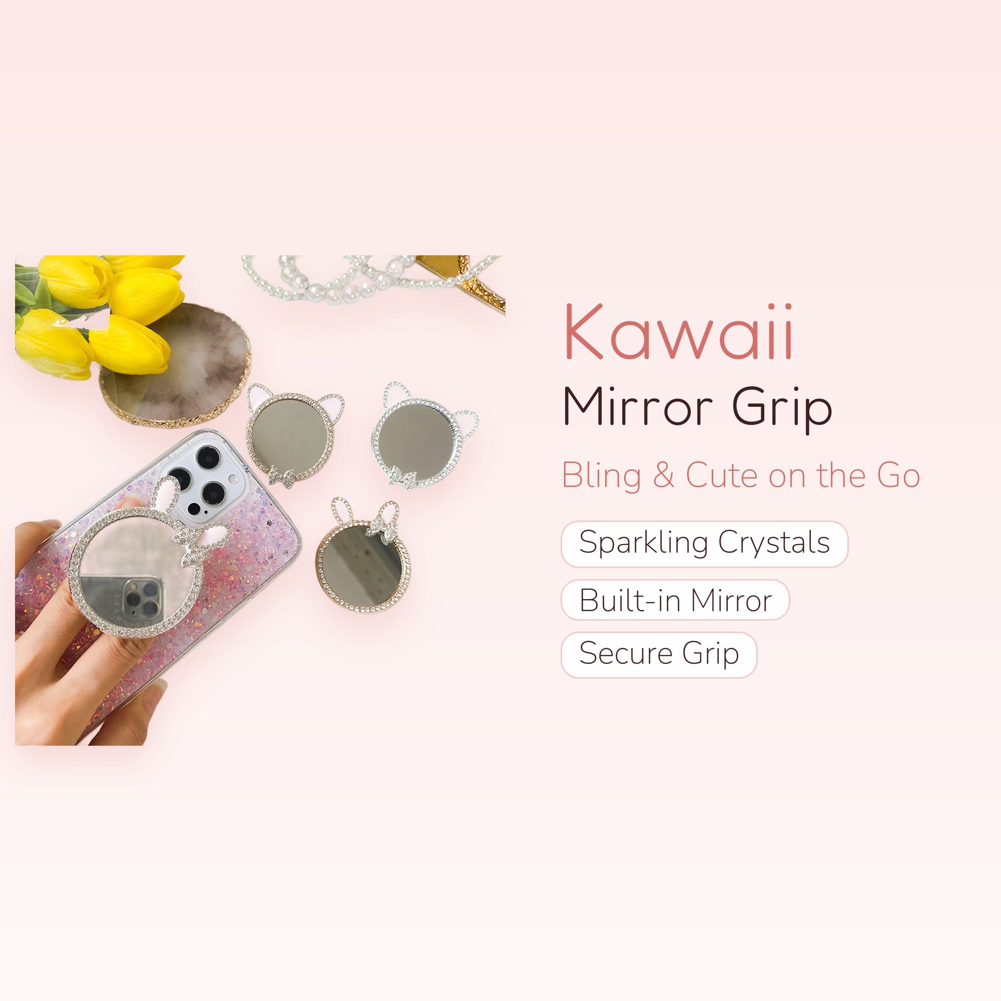 Kawaii Bunny Mirror Phone Grip | Crystal Bling Phone Stand