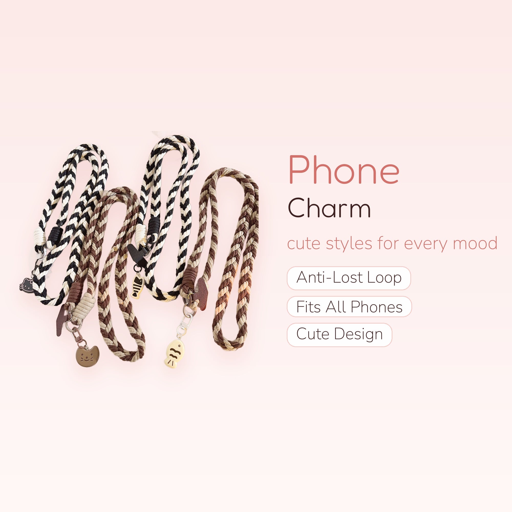 Braided Rope Phone Charm Lanyard | Cute Cat & Fish Keychain Strap