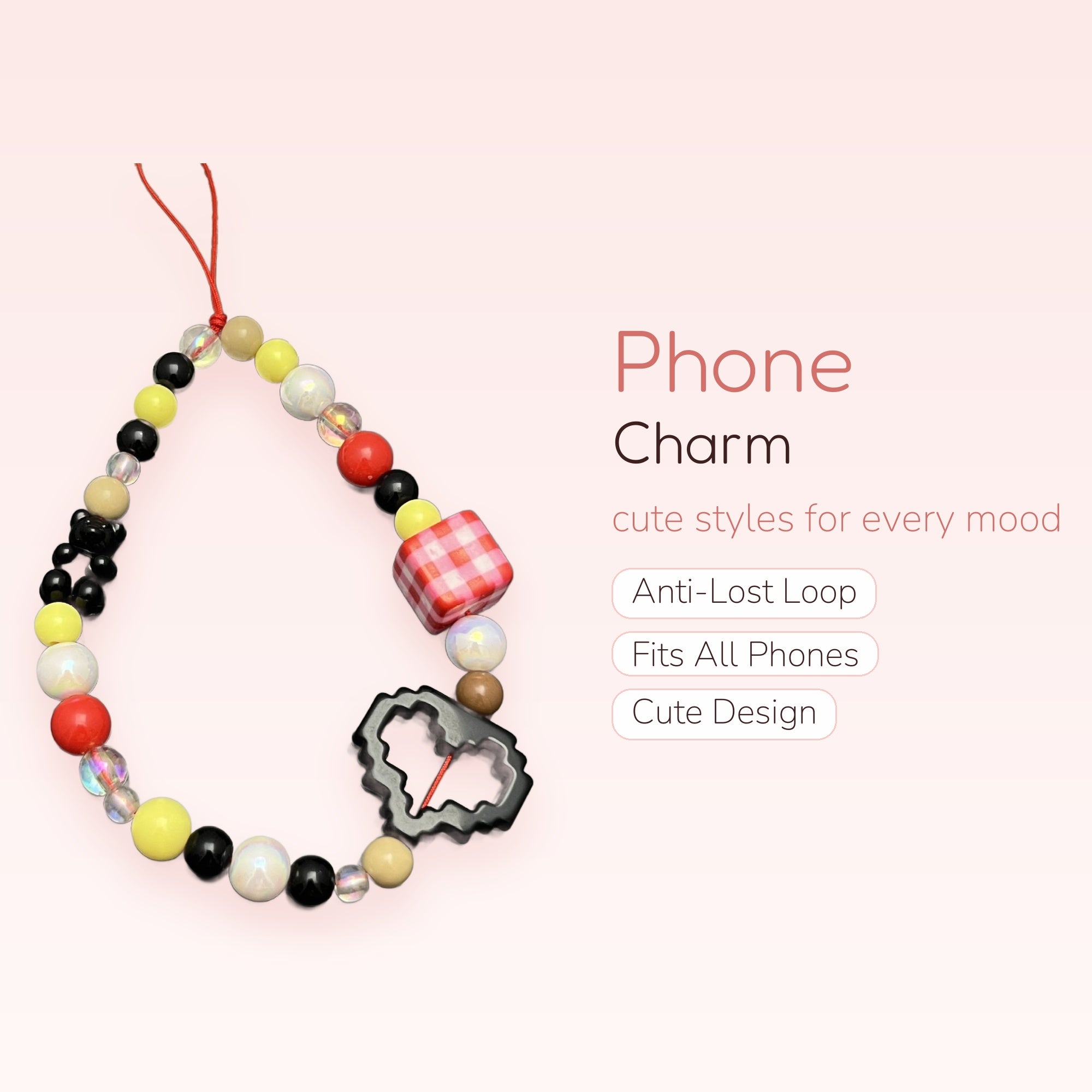 Kawaii Colorful Beaded Phone Charm Strap | Aesthetic Red & Black Bear Wrist Lanyard