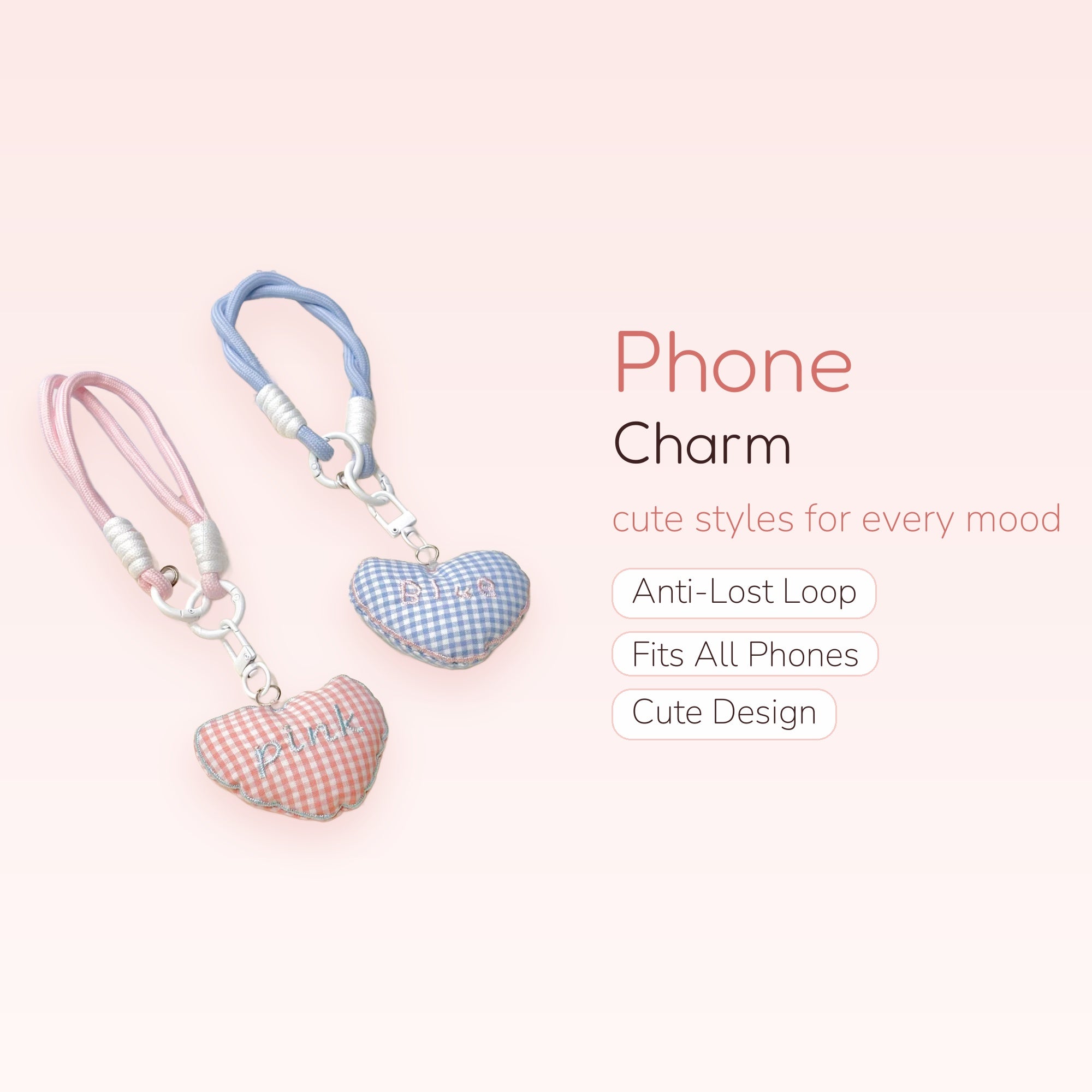 Cute Gingham Heart Phone Charm Wristlet | Pink & Blue Padded Strap