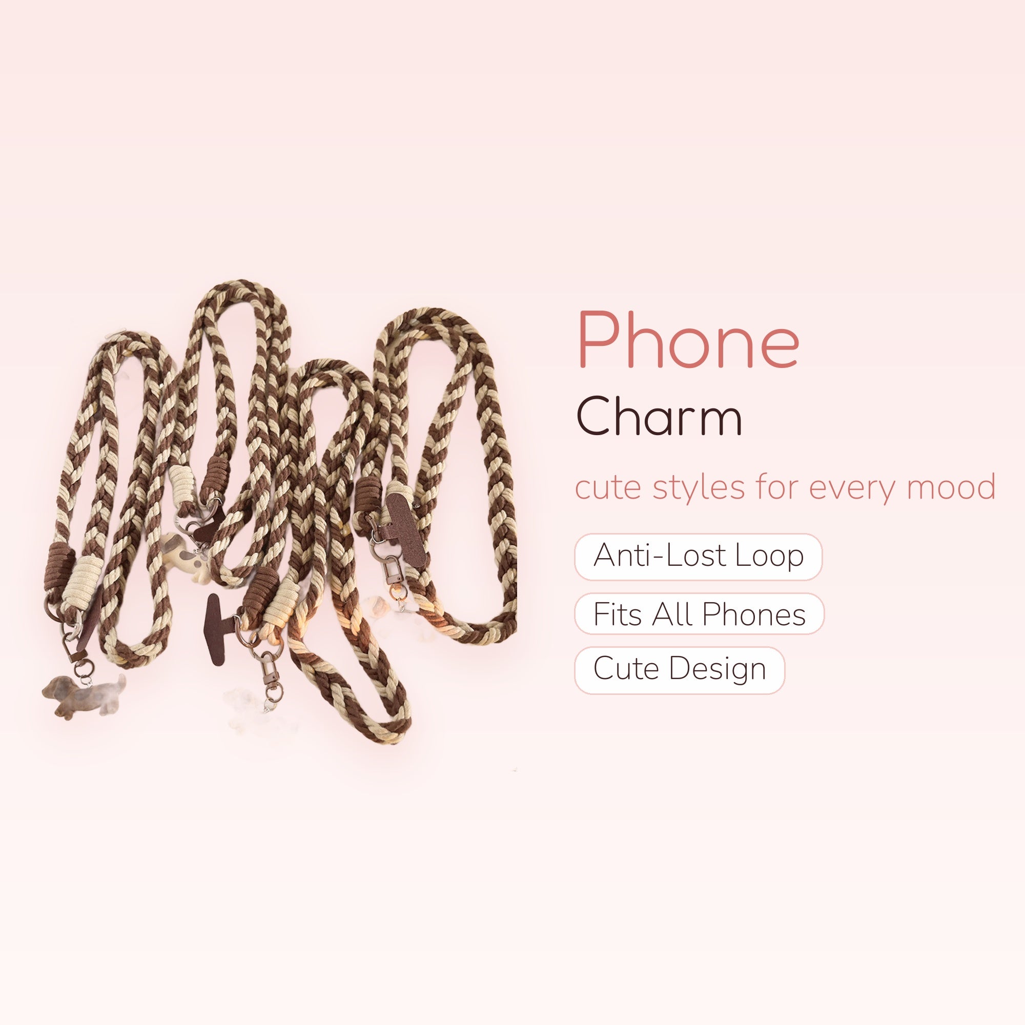 Braided Brown & Beige Rope Phone Lanyard | Cute Dachshund Dog Charm Wrist Strap
