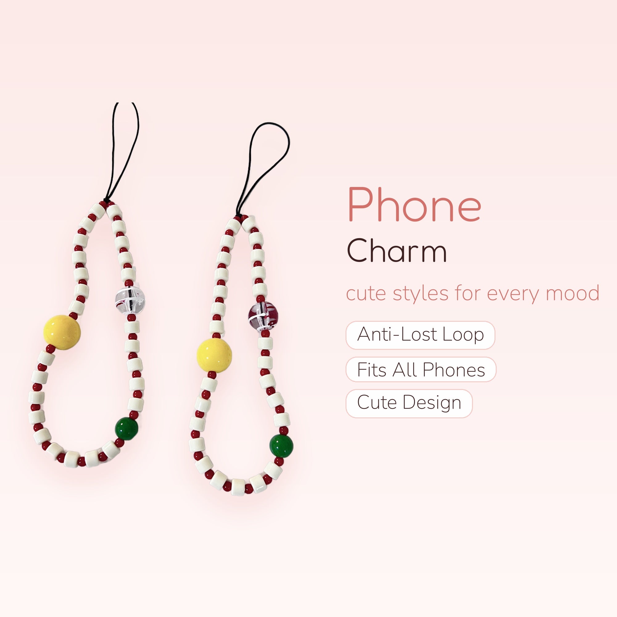 Cute Red & White Beaded Phone Charm | Y2K Aesthetic Wrist Strap Lanyard