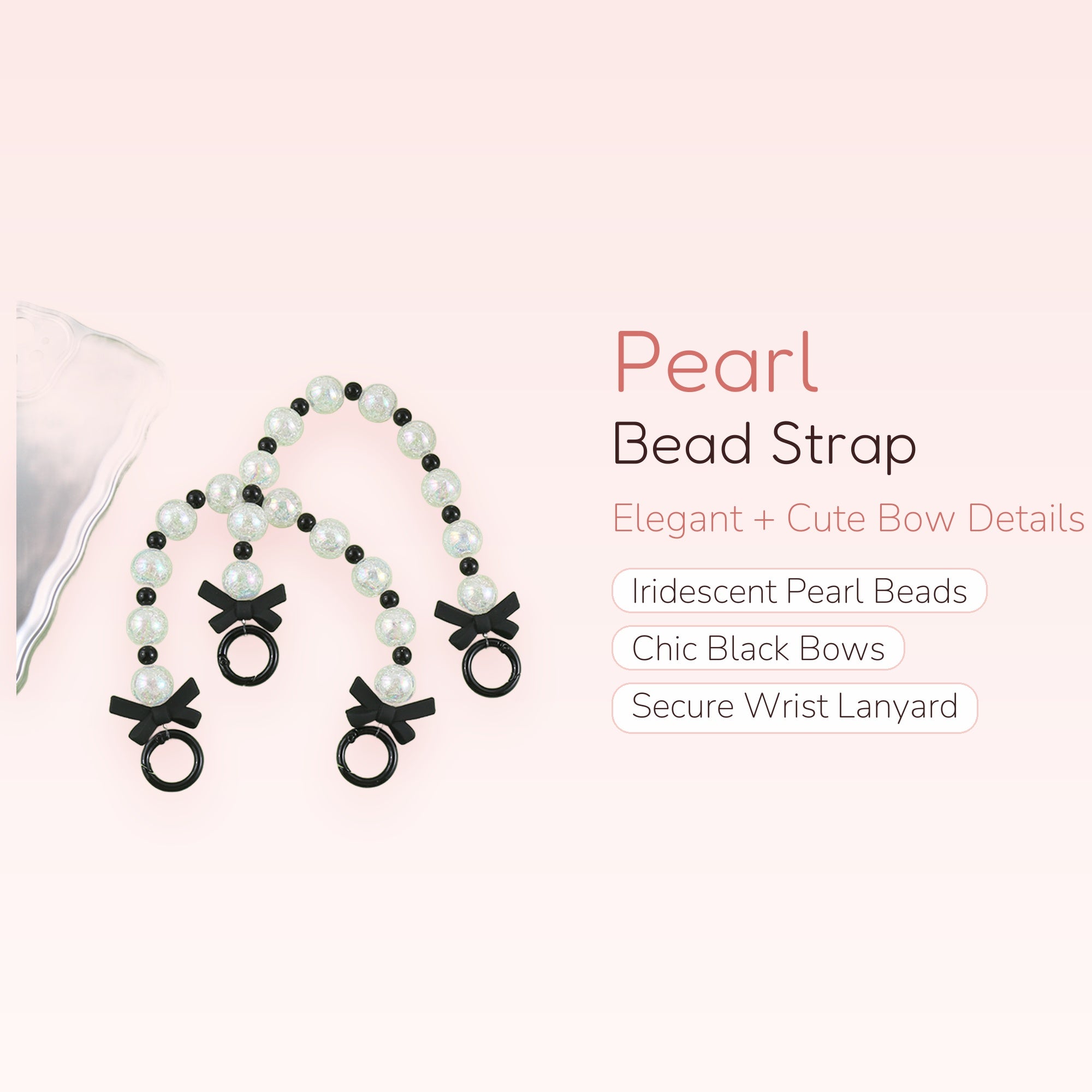 Pearl & Black Bead Phone Charm Strap with Bows | Cute Wrist Lanyard