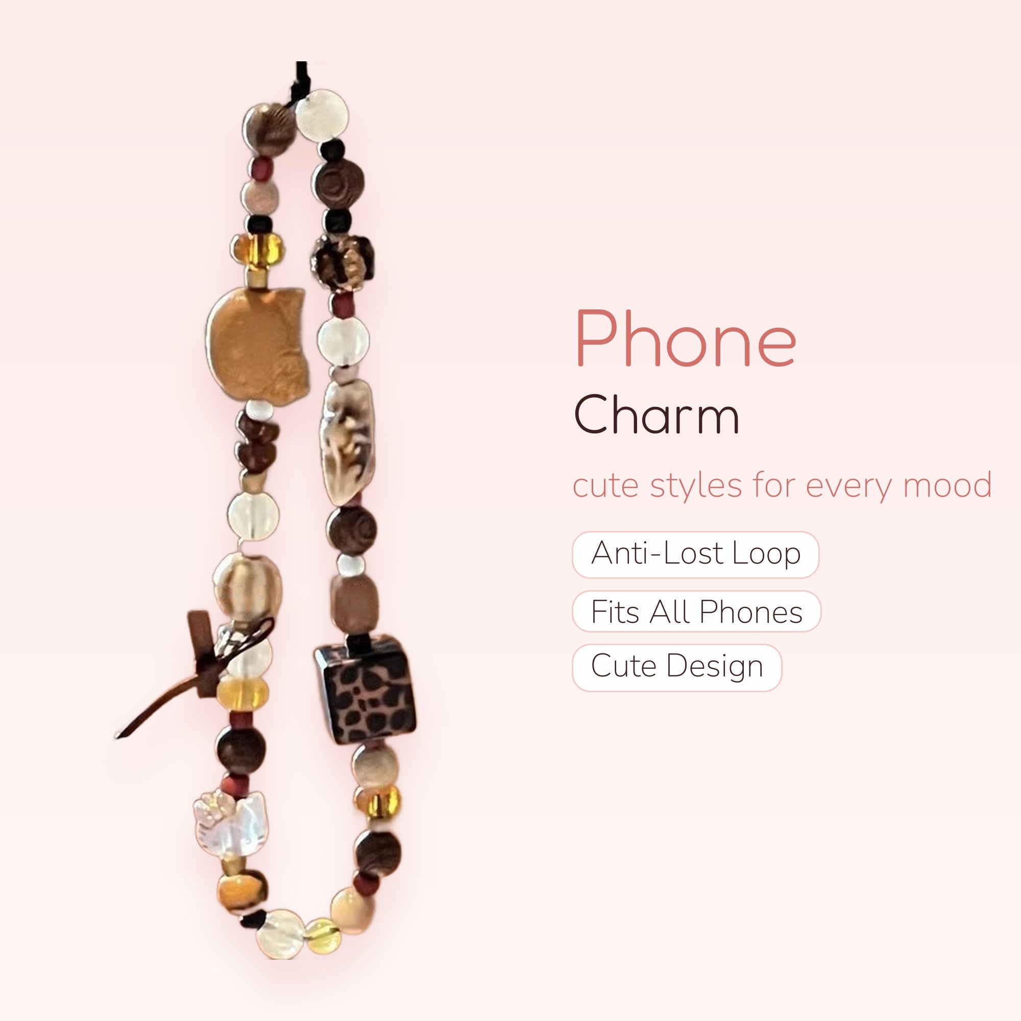 Boho Earth Tone Beaded Phone Charm | Aesthetic Animal Print Wrist Strap