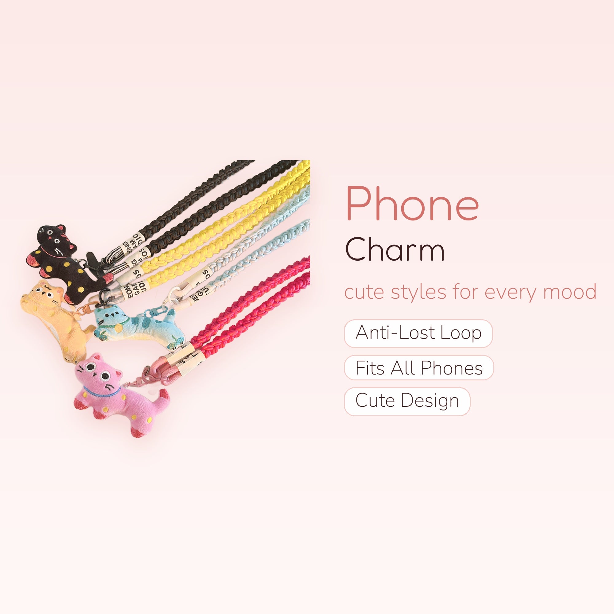 Kawaii Braided Lanyard Phone Charm with Plush Cat Pendant | Cute Wrist Strap for Phone