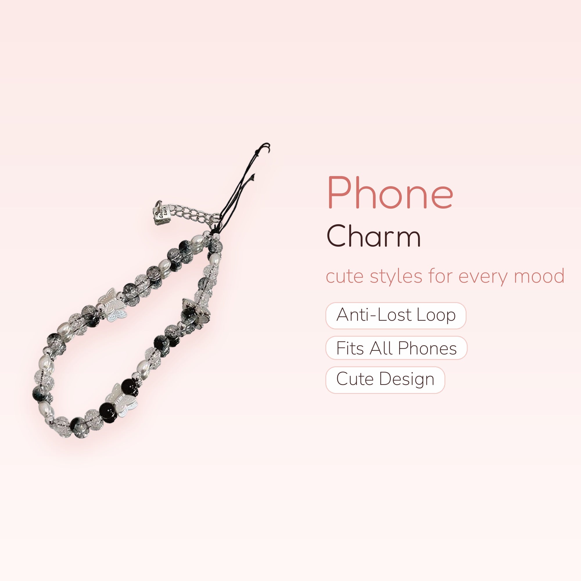 Aesthetic Clear & Black Beaded Phone Charm | Butterfly Pearl Wrist Lanyard