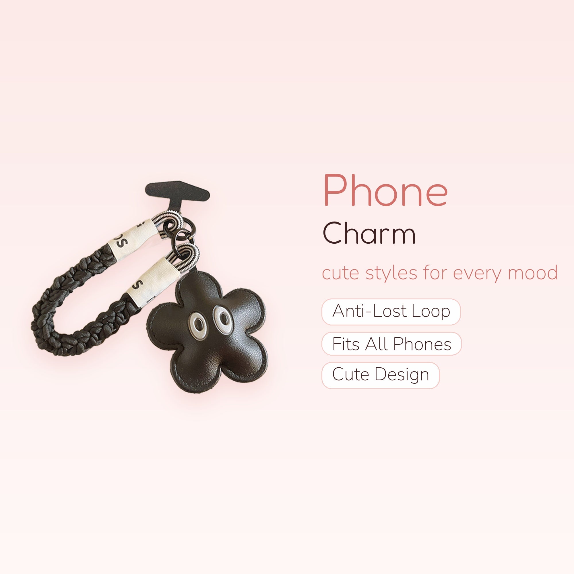 Black Braided Wrist Phone Charm | Cute Flower Face Lanyard