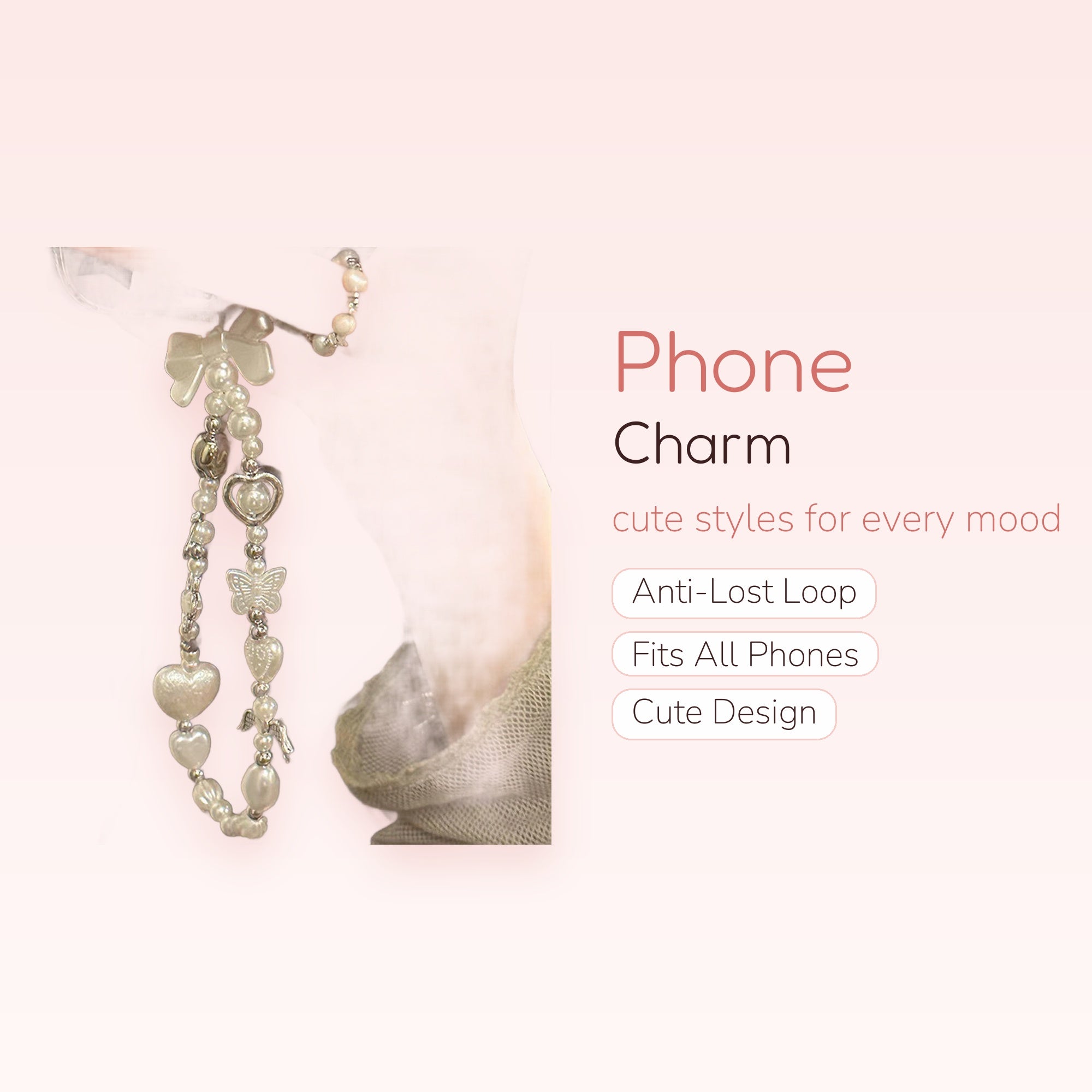 Kawaii Pearl & Silver Heart Phone Charm | Aesthetic Beaded Wrist Strap