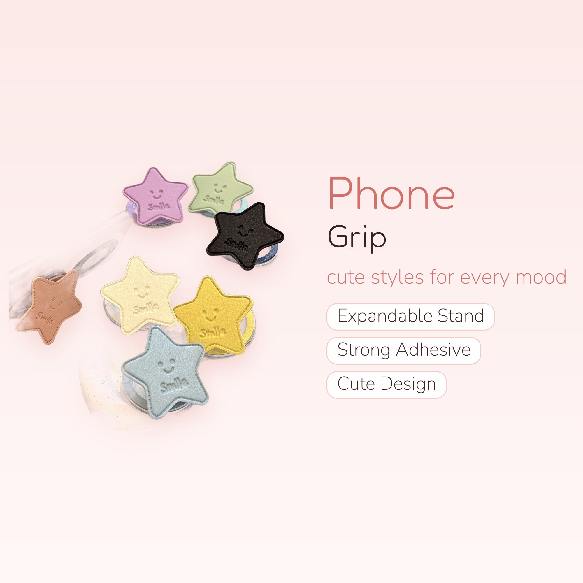 Kawaii Star Smile Phone Grip | Pastel Faux Leather Pop Socket Stand