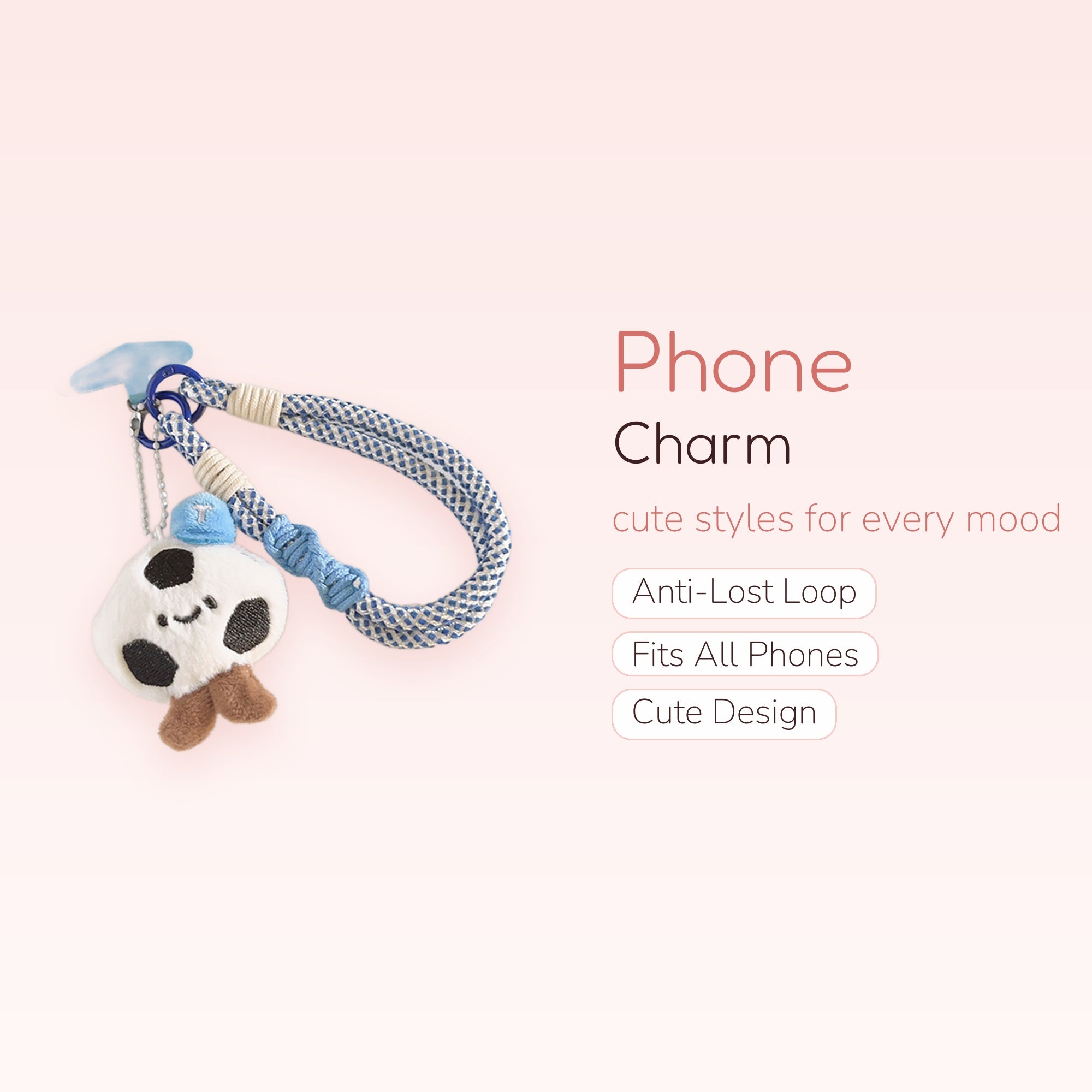 Cute Panda Plush Phone Charm Strap | Blue Braided Wrist Lanyard