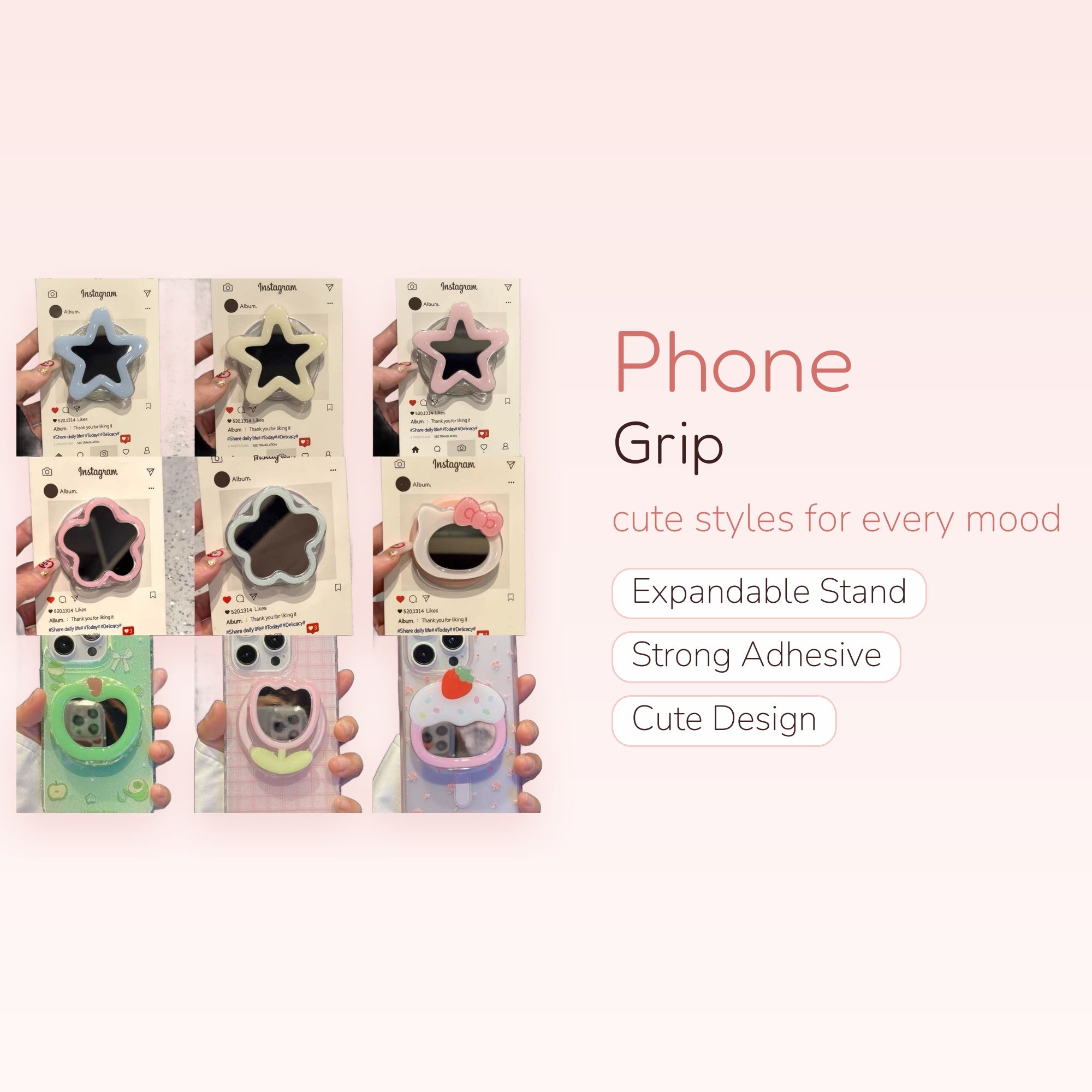 Kawaii Star & Flower Mirror Phone Grip | Cute Hello Kitty Pop Socket Stand