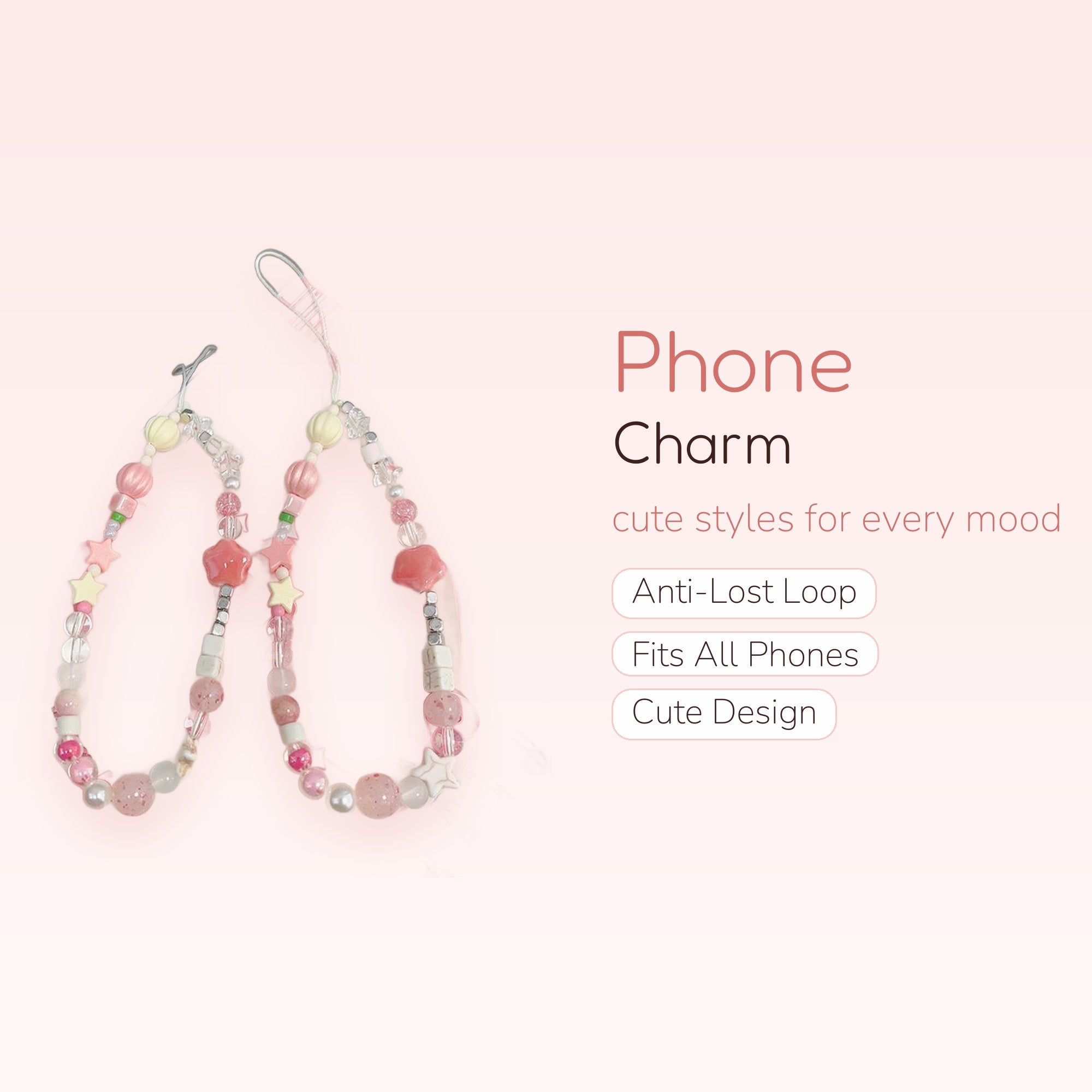 Kawaii Pastel Pink & Star Beaded Phone Charm | Aesthetic Wrist Lanyard Strap