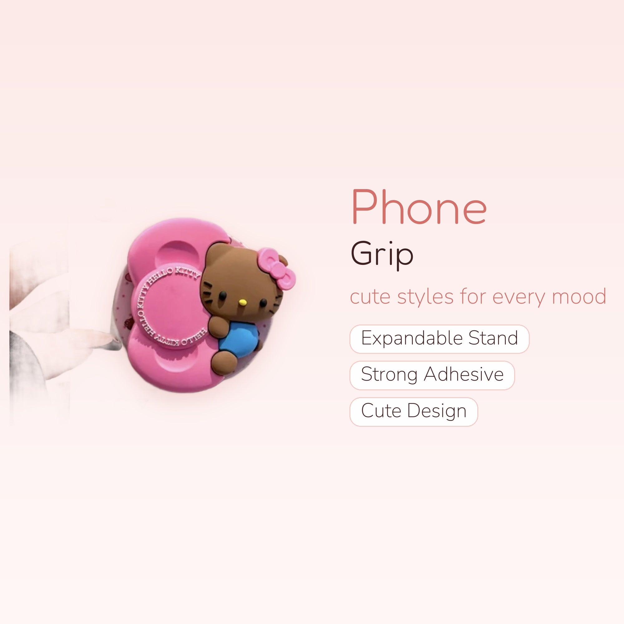 Brown Hello Kitty Pink Bow Phone Grip | Kawaii Pop Socket Stand