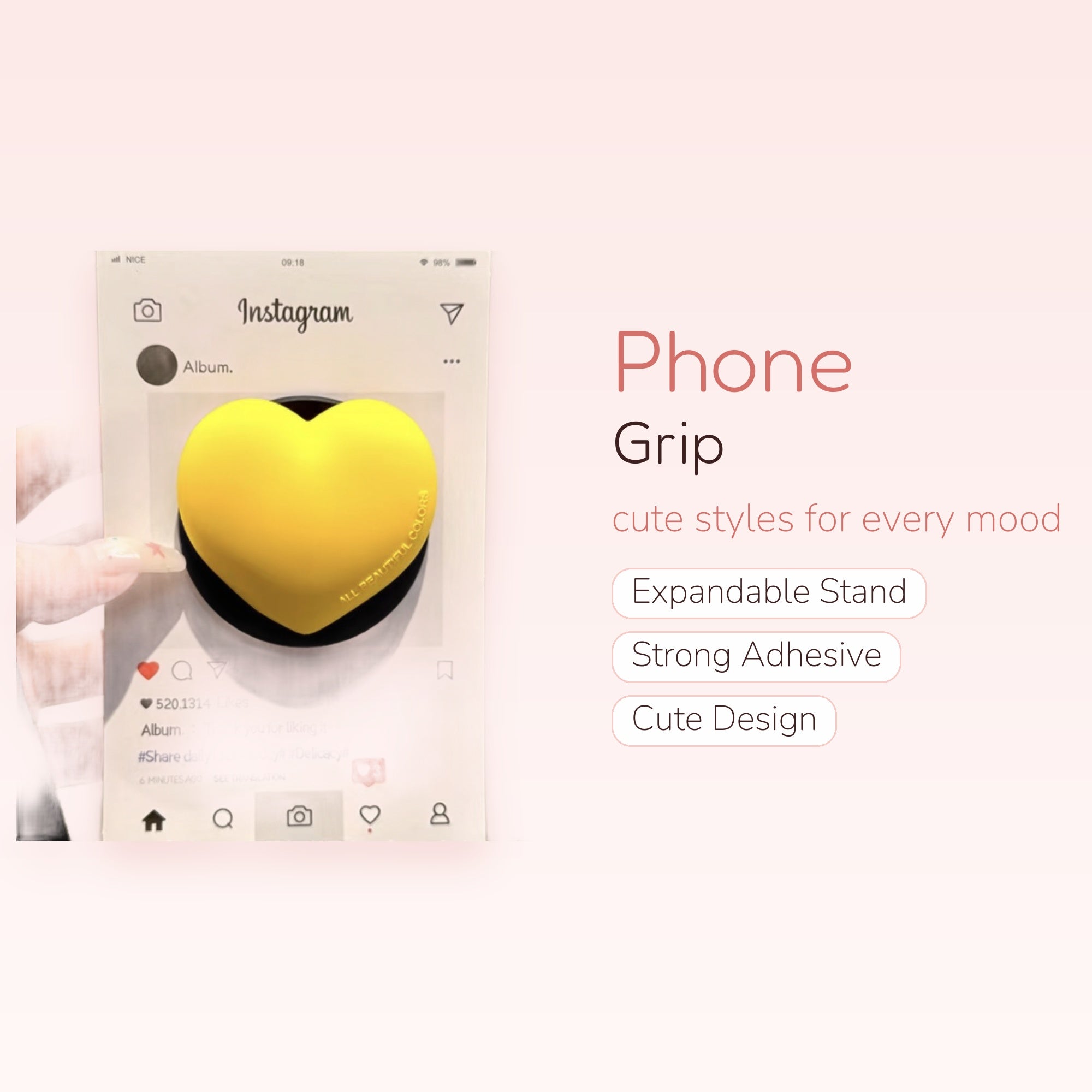 Cute Yellow Heart Instagram Phone Grip | Aesthetic Pop Socket Stand