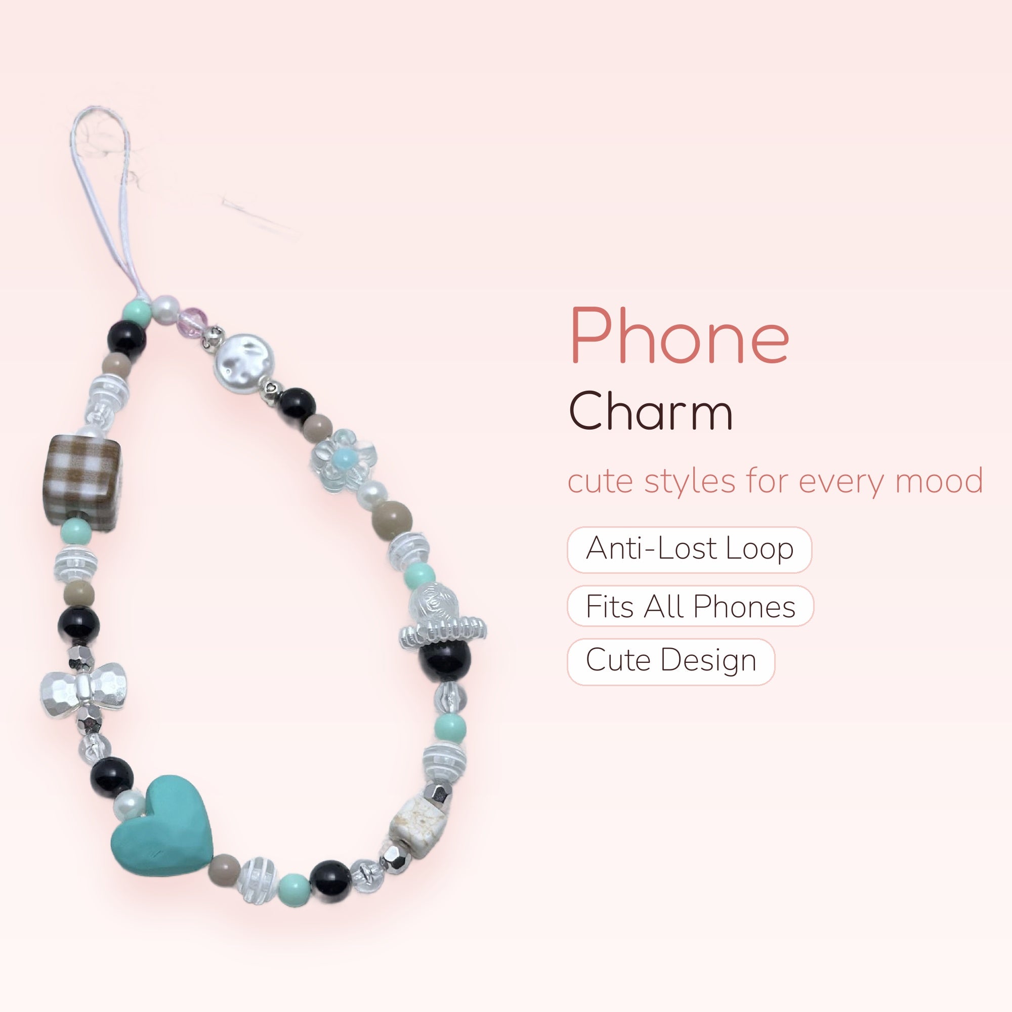 Aesthetic Beaded Phone Charm Strap | Pastel Gingham Heart Wrist Lanyard