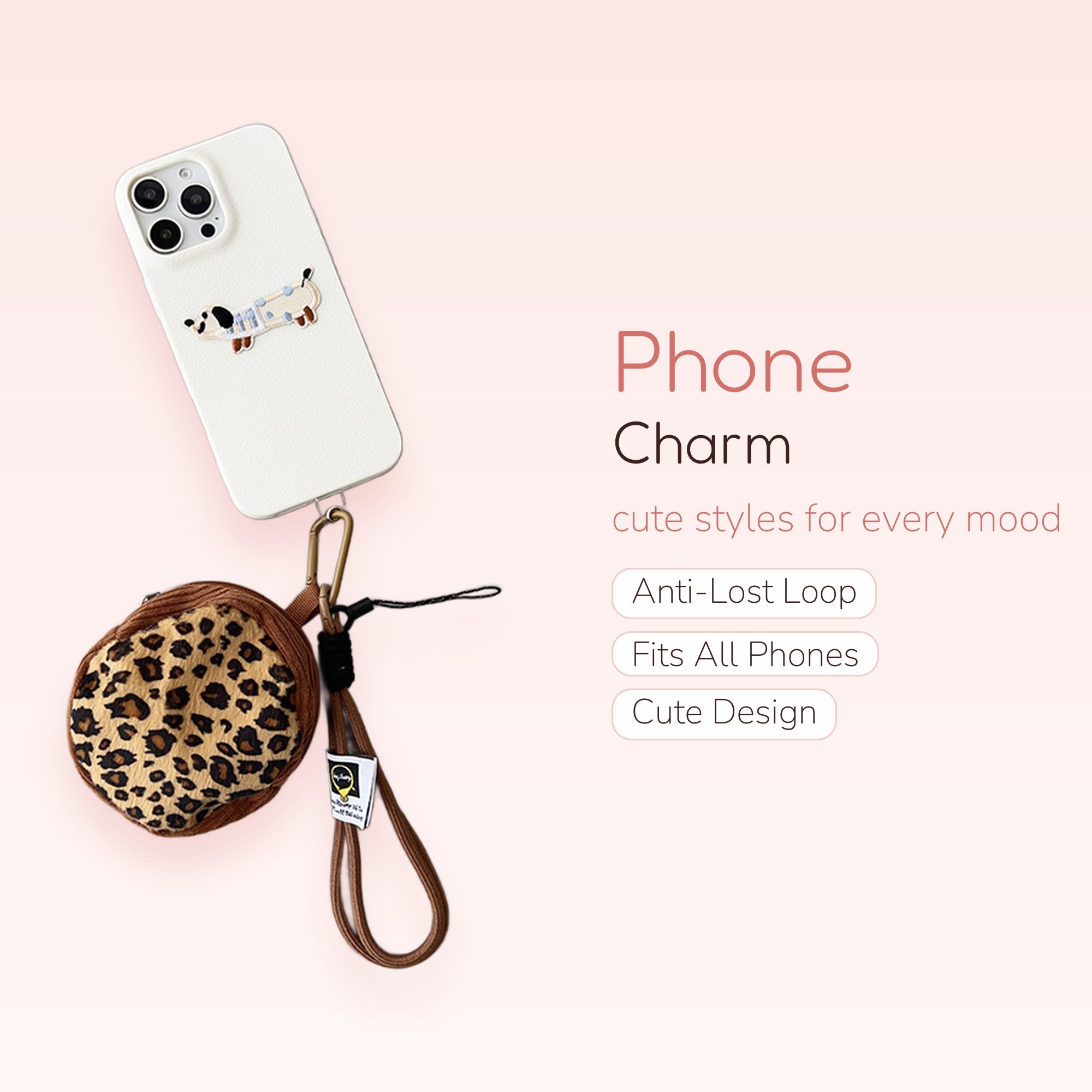 Leopard Print Mini Pouch Phone Charm | Cute Wrist Strap with Dog Design Case