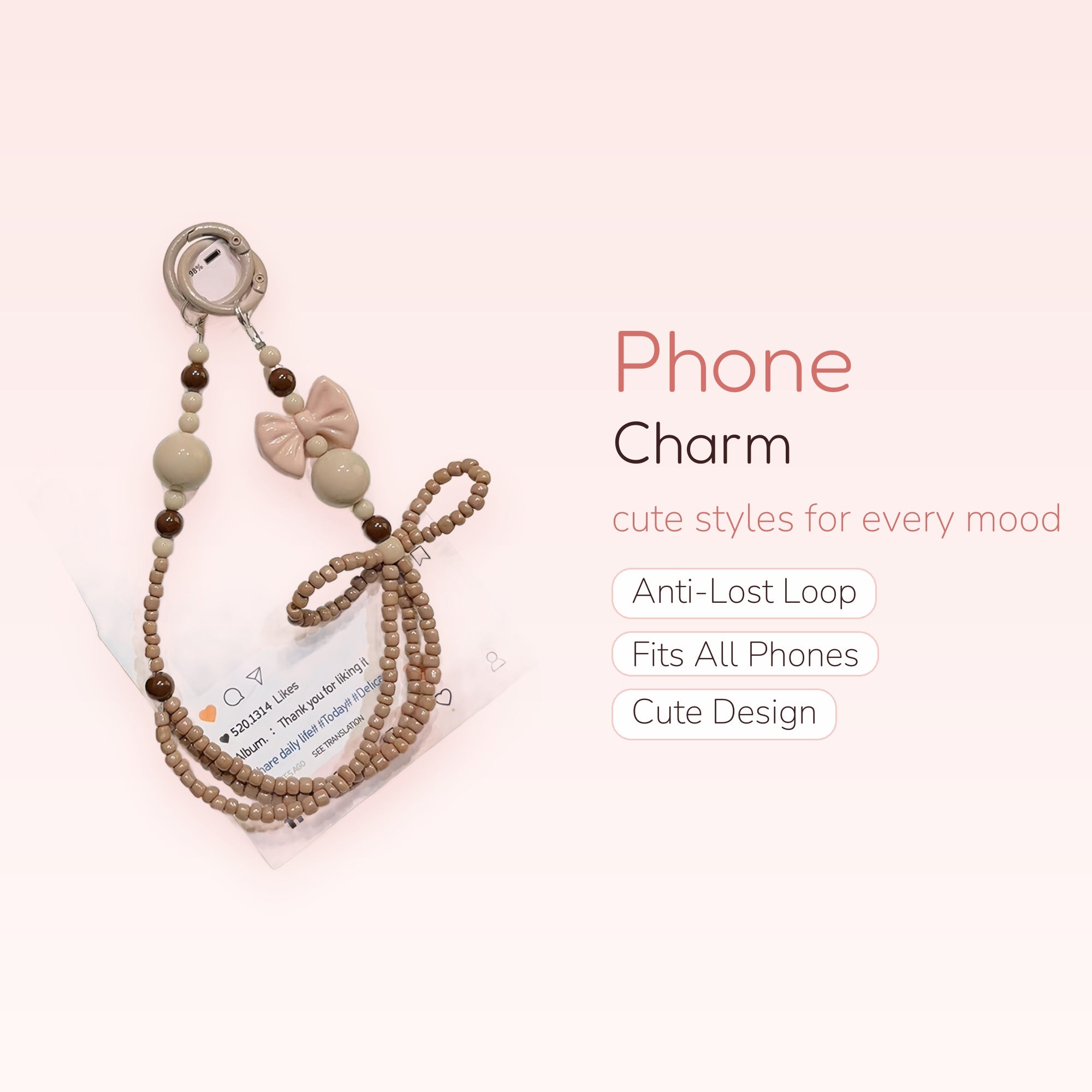 Cute Bow & Bead Phone Charm Strap | Aesthetic Brown & Beige Beaded Wrist Lanyard