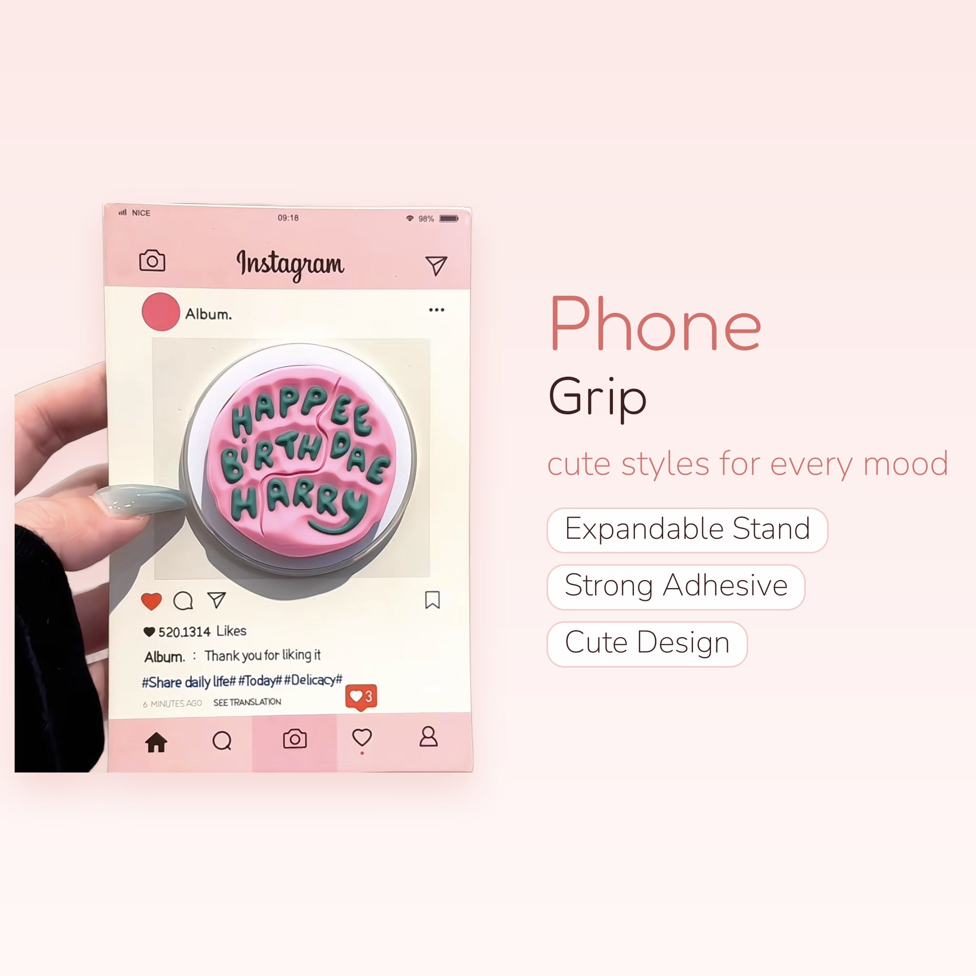 Birthday Candles — Pink Cake Phone Grip Stand