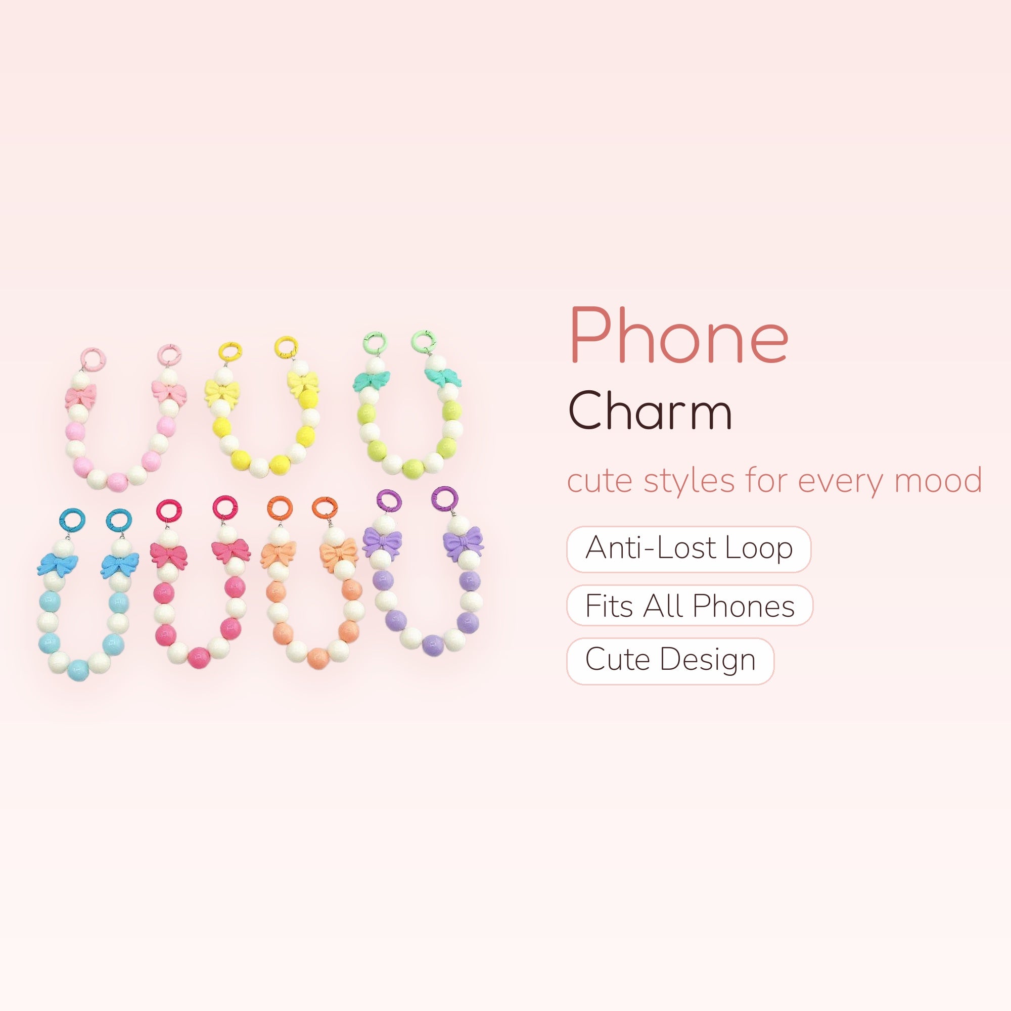 Pastel Beaded Bow Phone Charm Strap | Kawaii Silicone Bead Wrist Lanyard