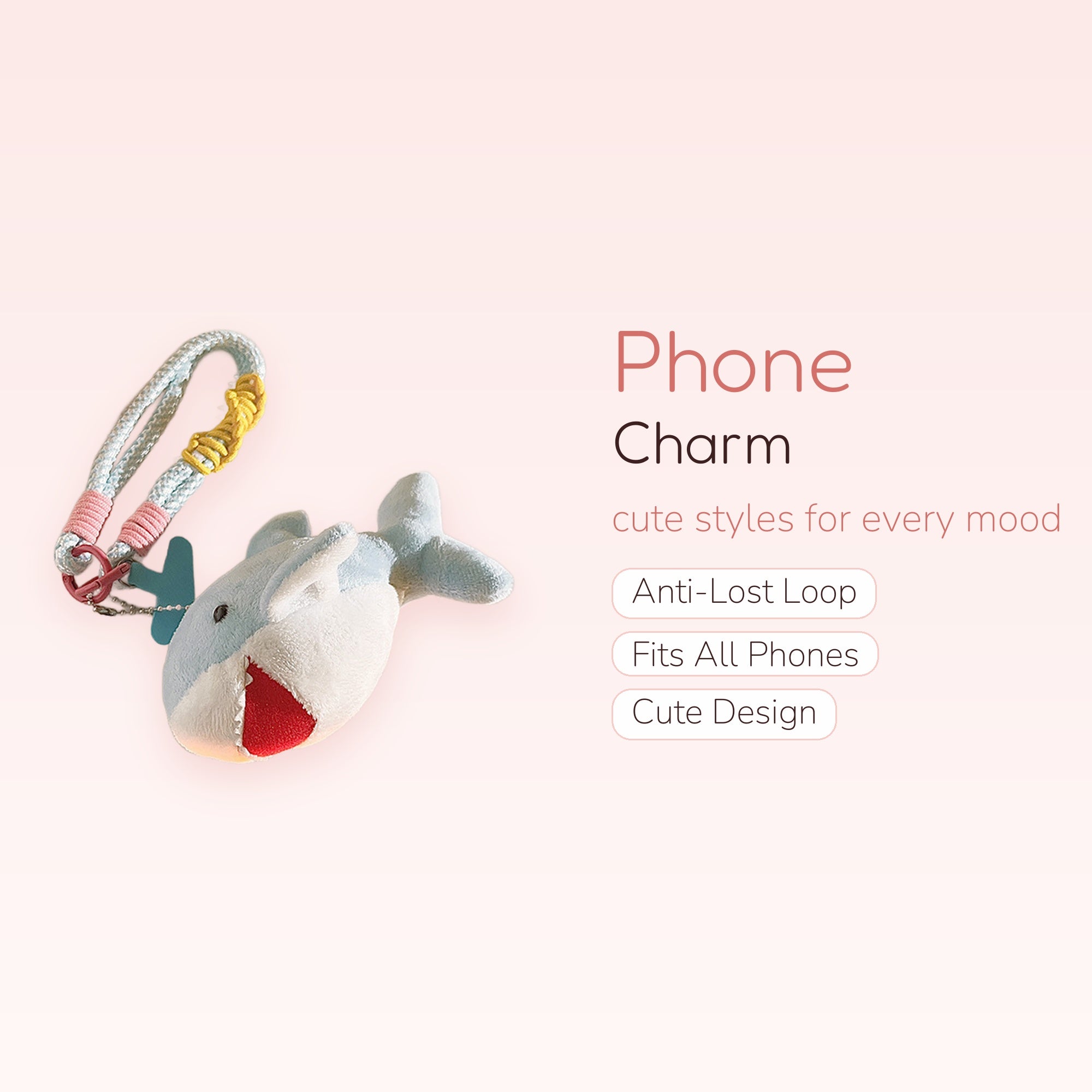 Cute Plush Shark Phone Charm | Pastel Braided Wrist Lanyard with Shark Plushie