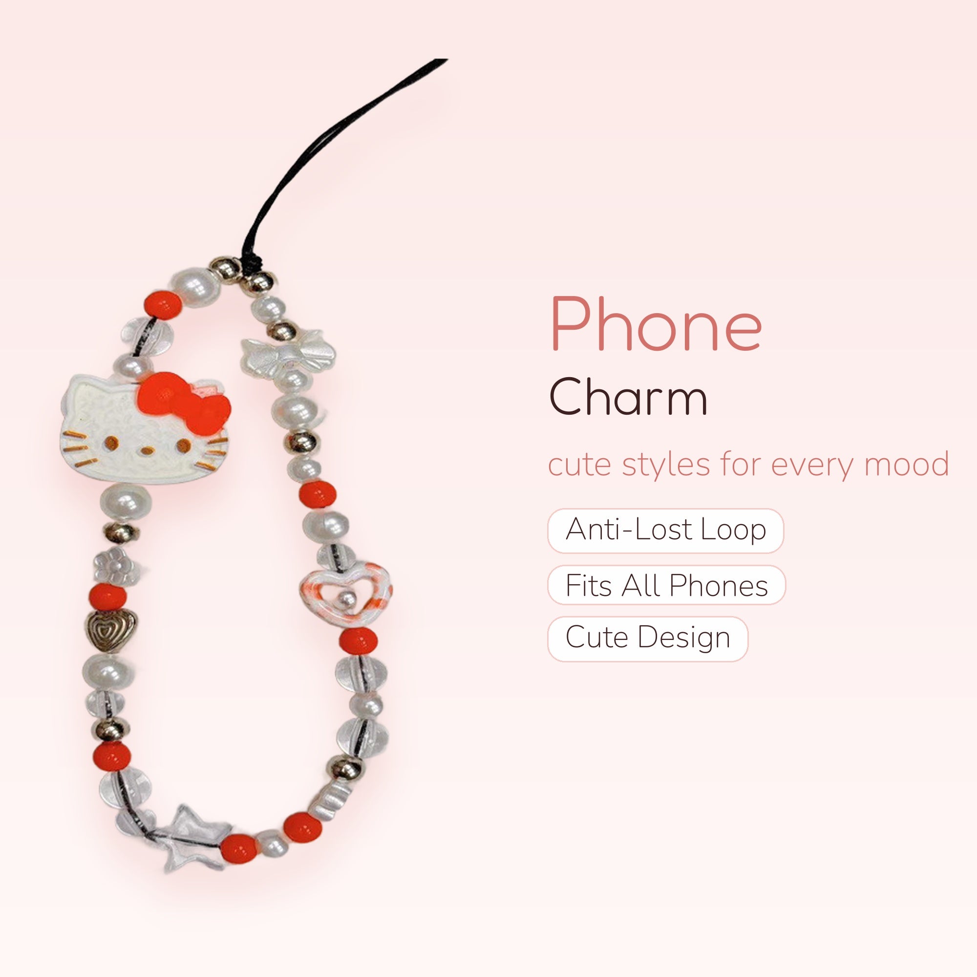 Kawaii Hello Kitty & Pearl Phone Charm | Red & White Beaded Wrist Strap