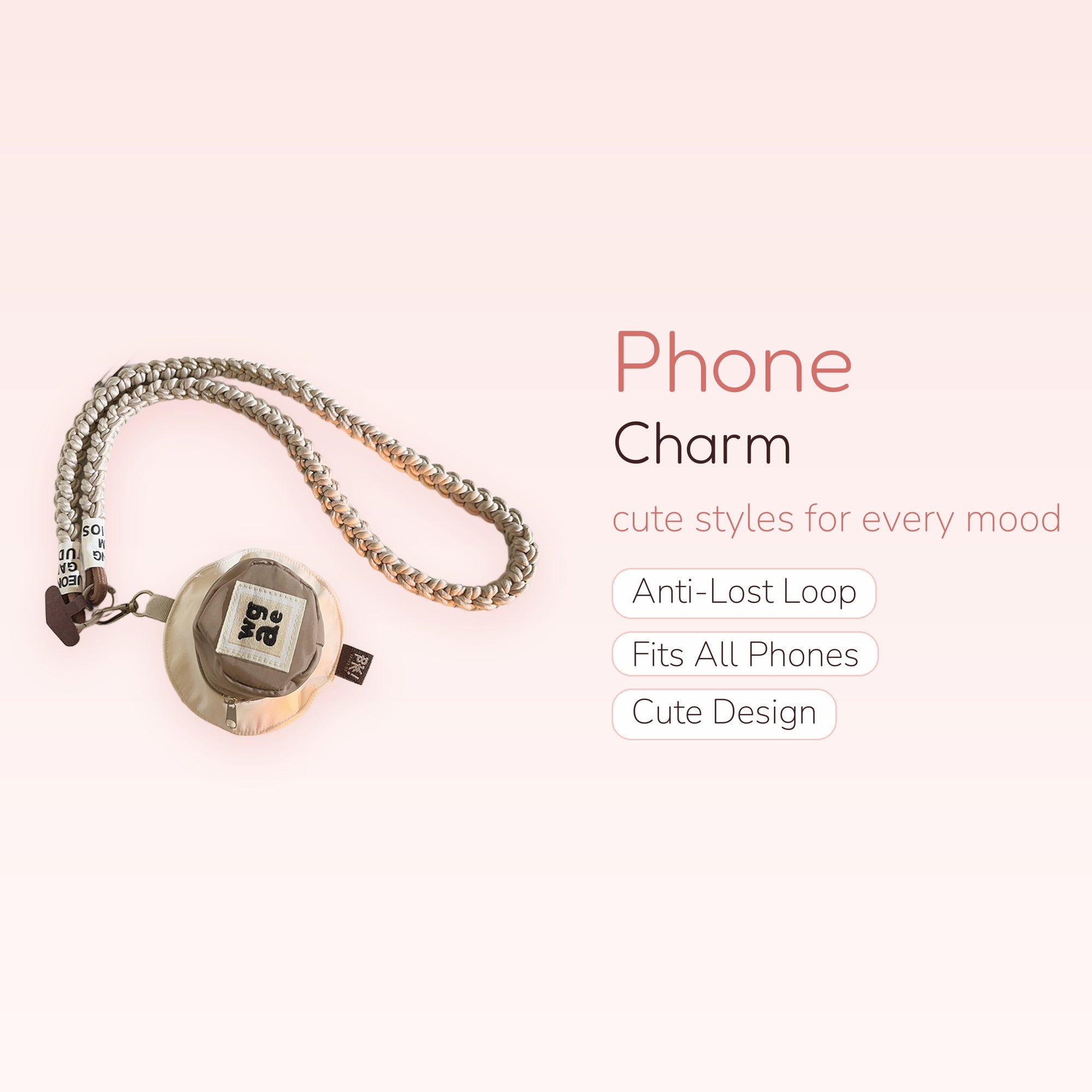 Braided Beige Lanyard Phone Charm | Aesthetic Woven Strap with Mini Pouch