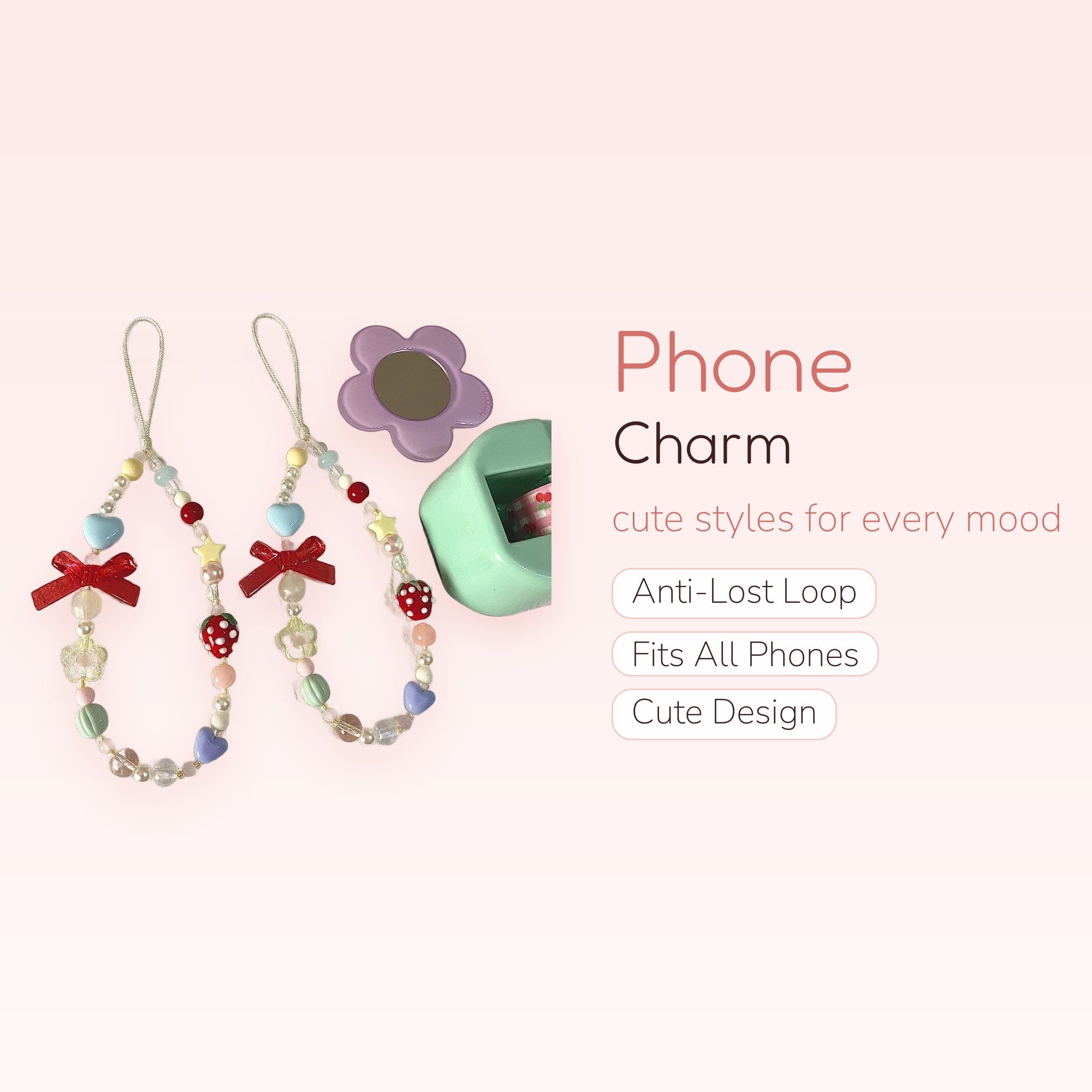 Kawaii Pastel Beaded Phone Charm Strap | Strawberry & Heart Wrist Lanyard