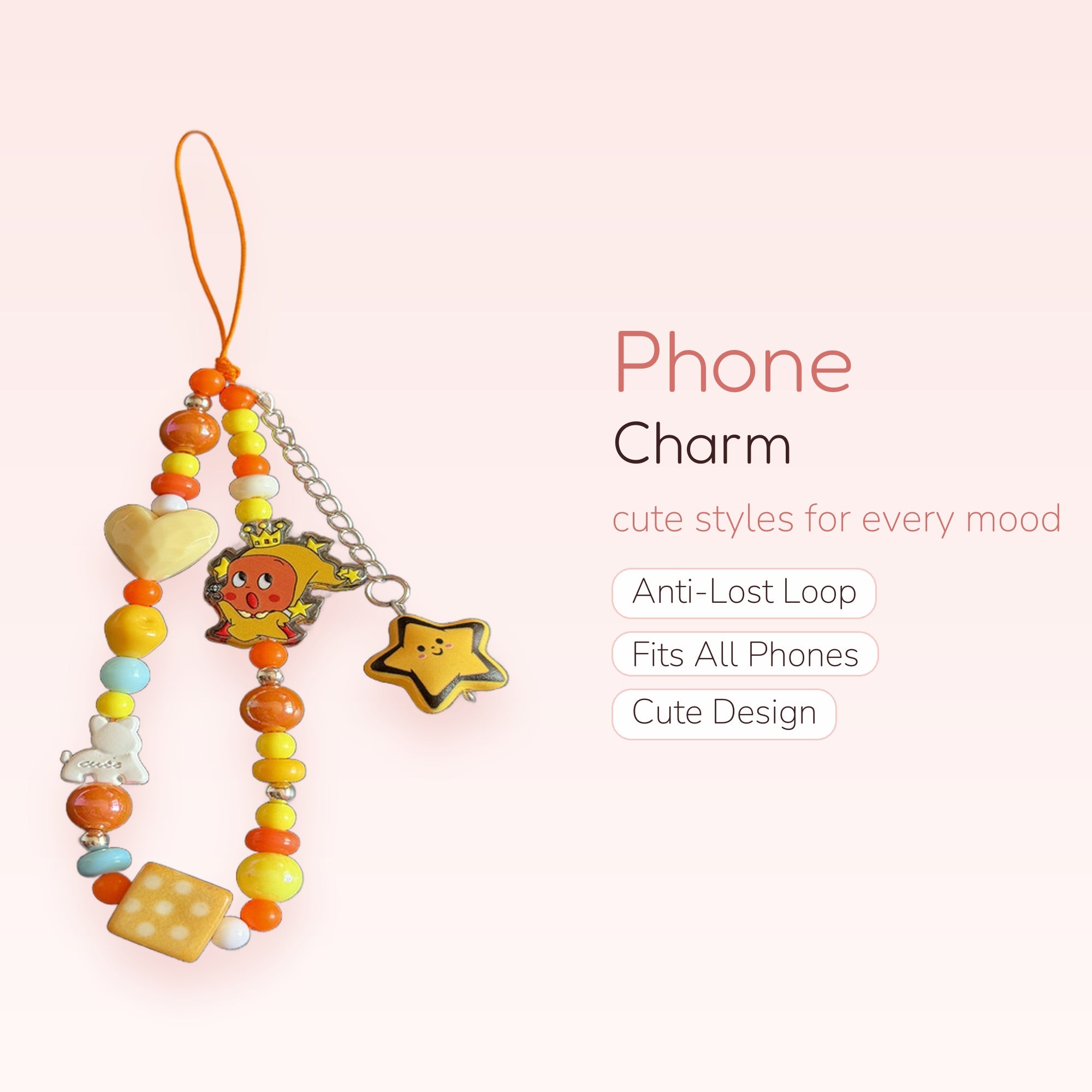 Kawaii Orange & Yellow Beaded Phone Charm Strap | Cute Star & Character Wrist Lanyard