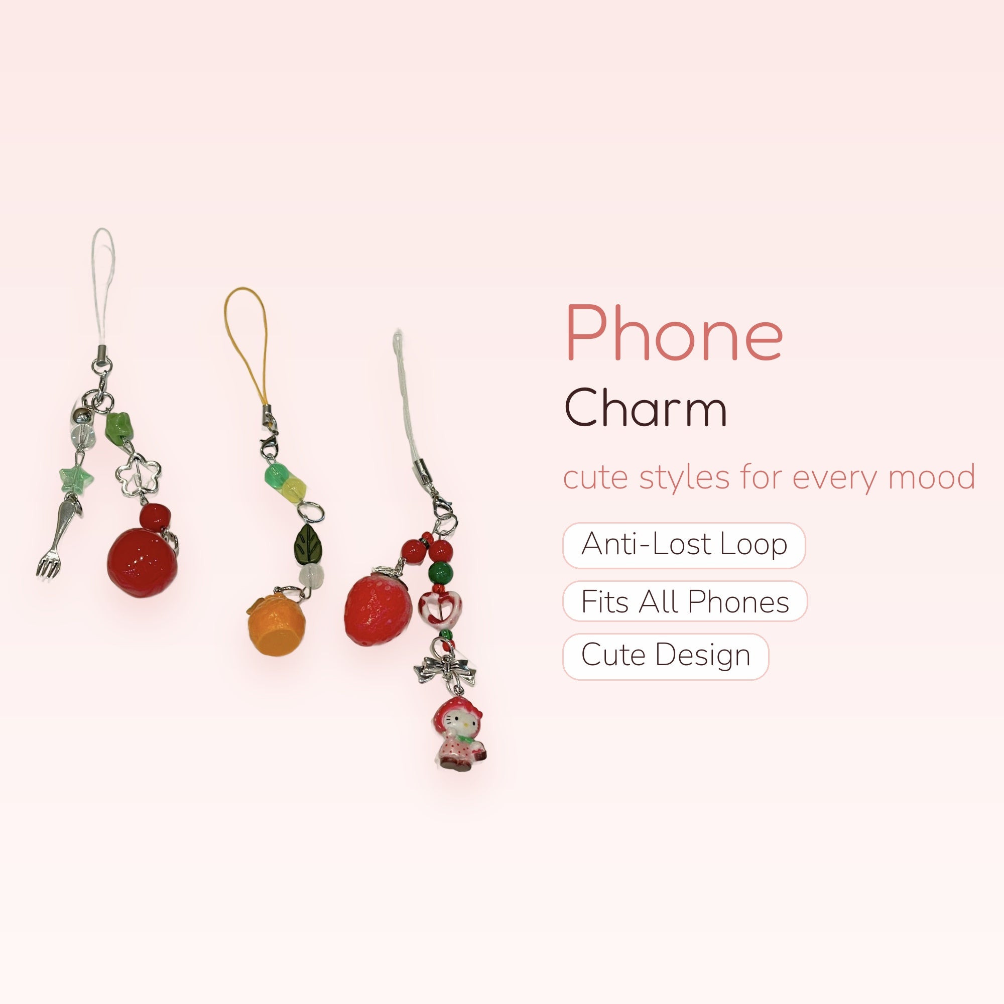 Kawaii Fruit & Hello Kitty Phone Charm Strap | Aesthetic Beaded Wrist Lanyard