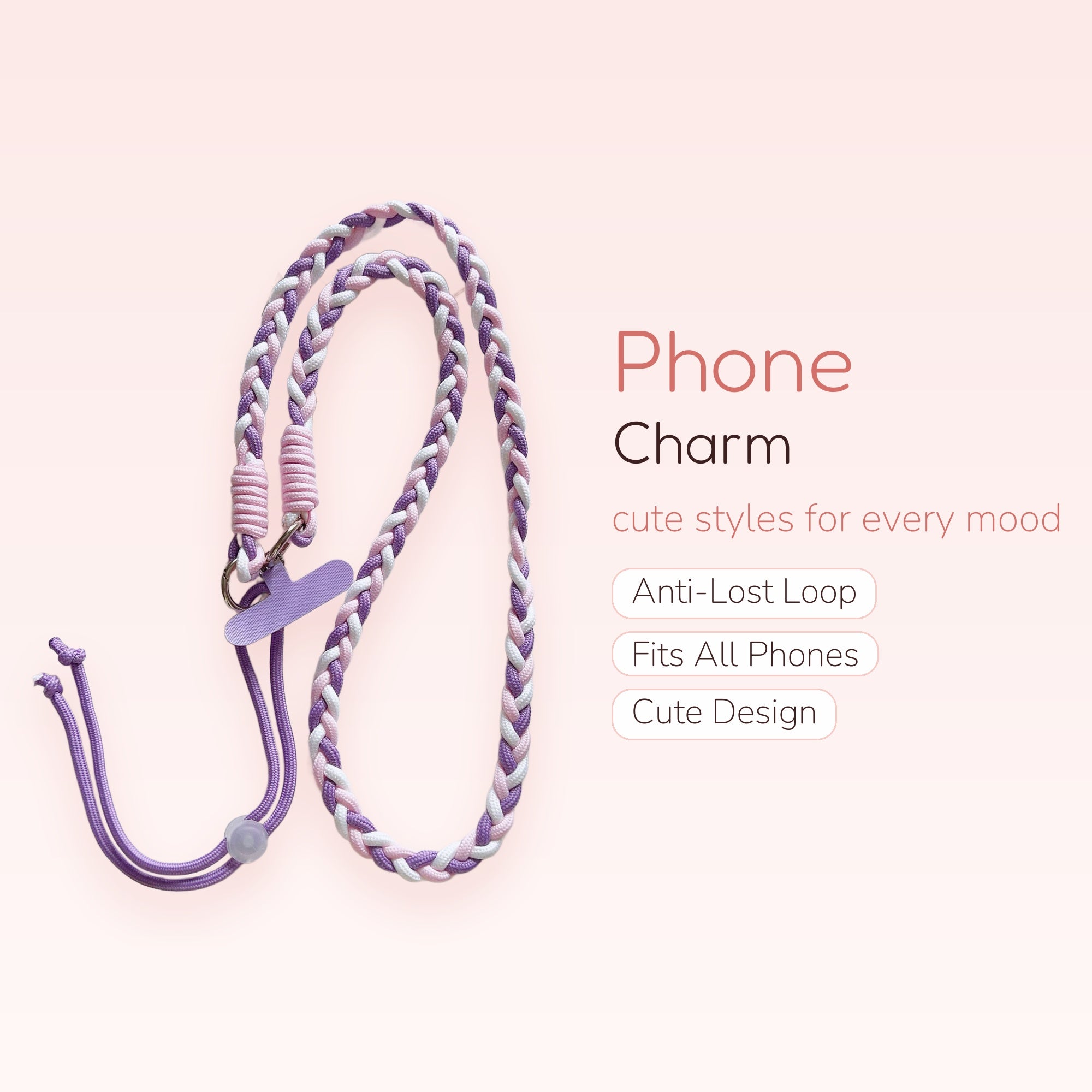 Pastel Braided Phone Lanyard Strap | Cute Purple Pink White Crossbody Charm