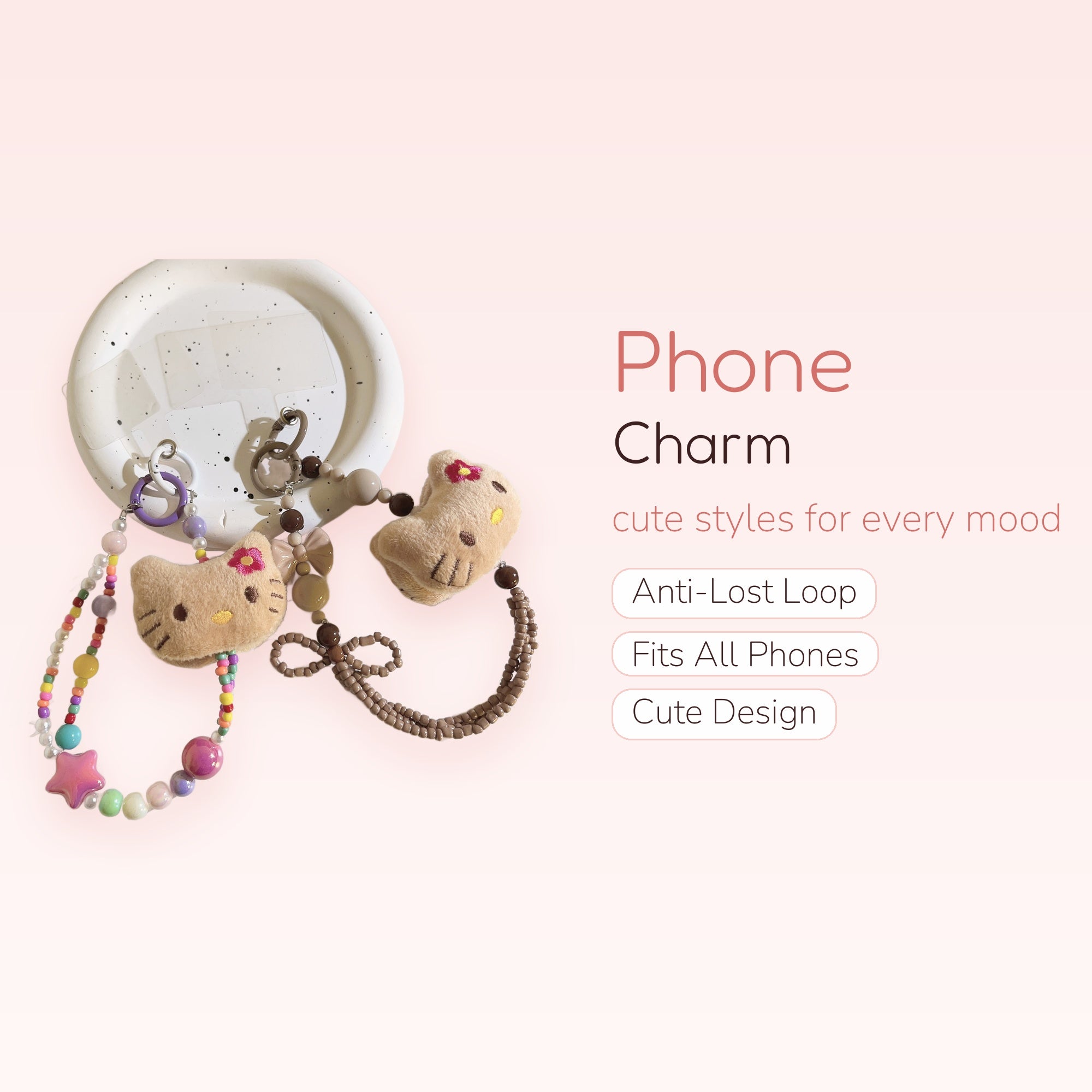 Kawaii Hello Kitty Plush Phone Charm | Pastel Beaded Wrist Strap & Brown Beaded Lanyard