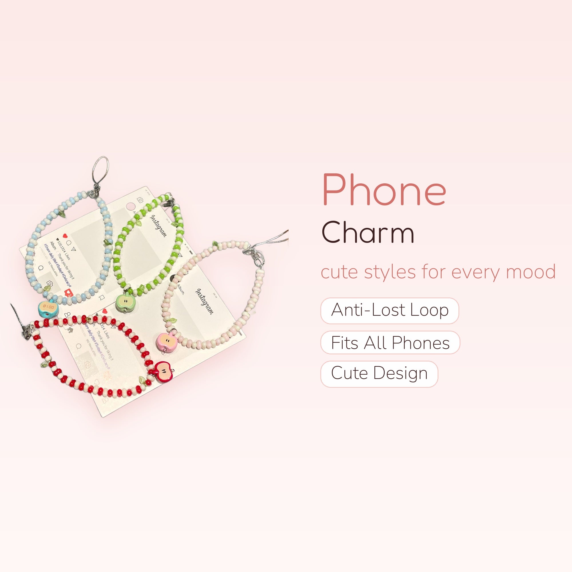 Kawaii Apple Beaded Phone Charm Strap | Pastel Fruit Wrist Lanyard