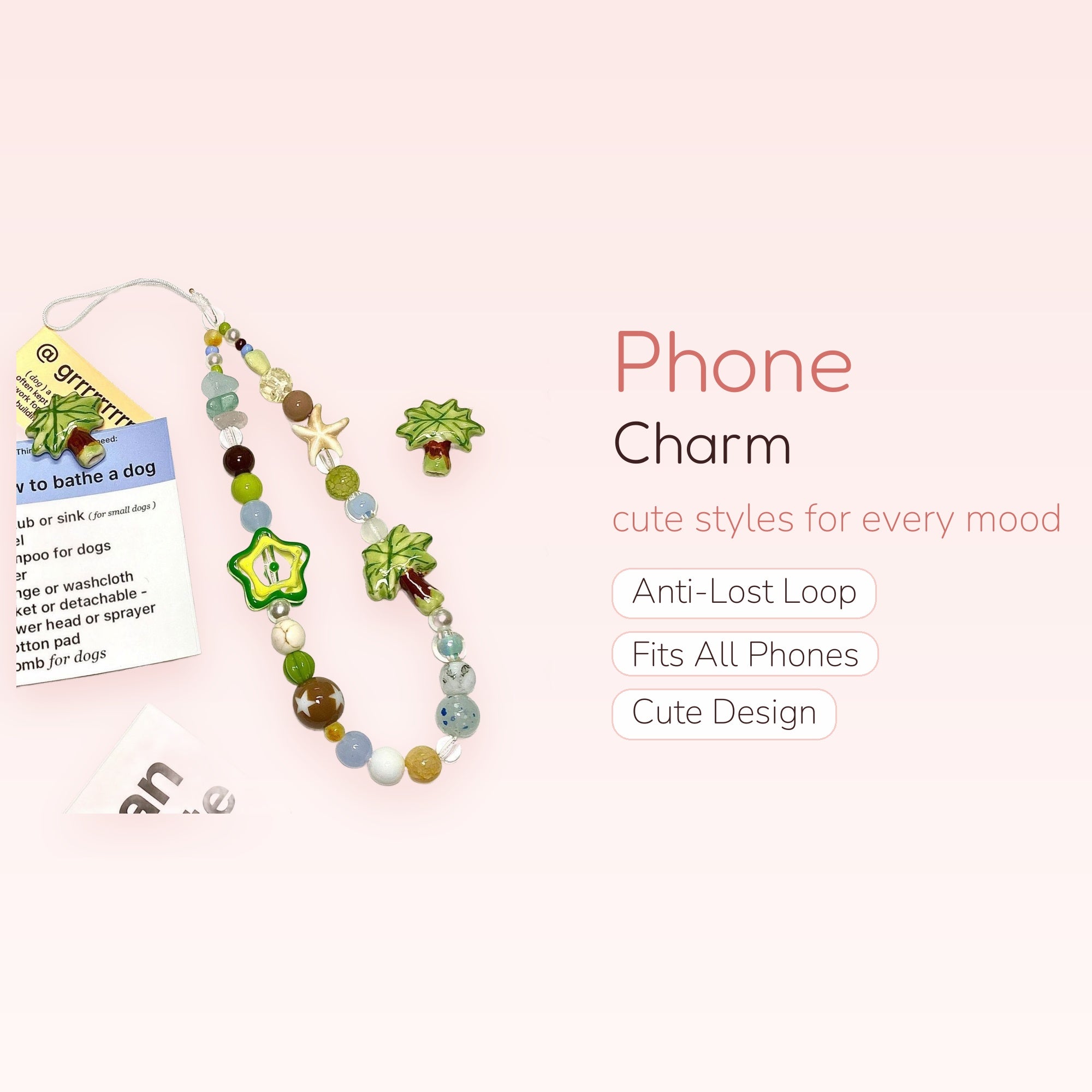 Kawaii Green Star & Palm Tree Phone Charm | Aesthetic Beaded Wrist Strap