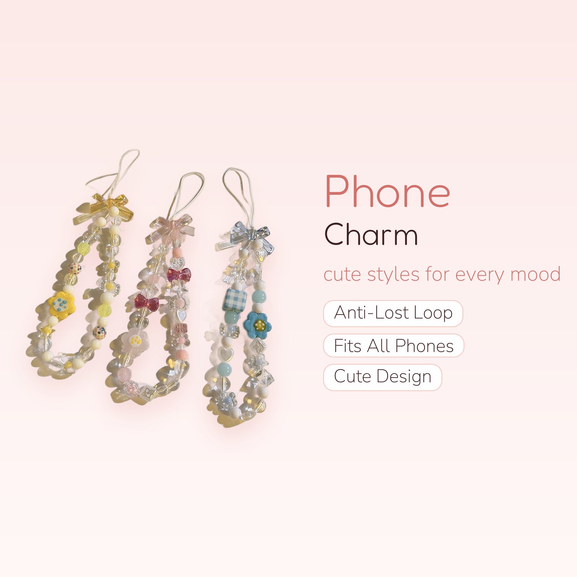 Kawaii Pastel Beaded Phone Charm Straps with Bows & Flowers | Cute Y2K Wrist Lanyards