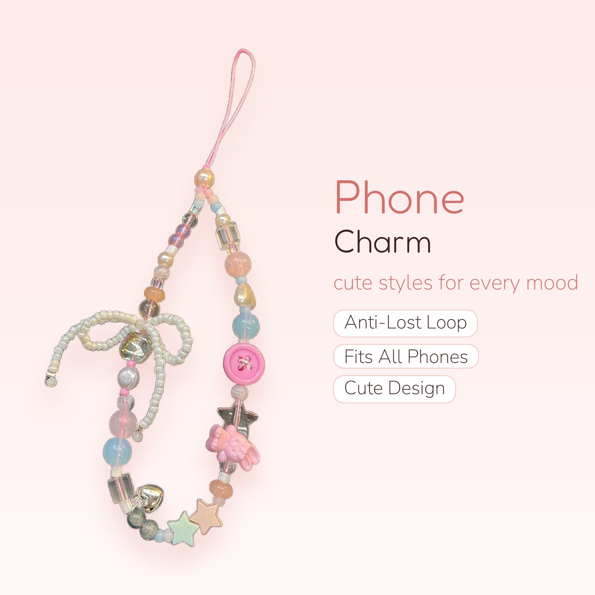 Pastel Beaded Phone Charm Strap with Bow & Star Charms | Kawaii Pearl & Heart Lanyard
