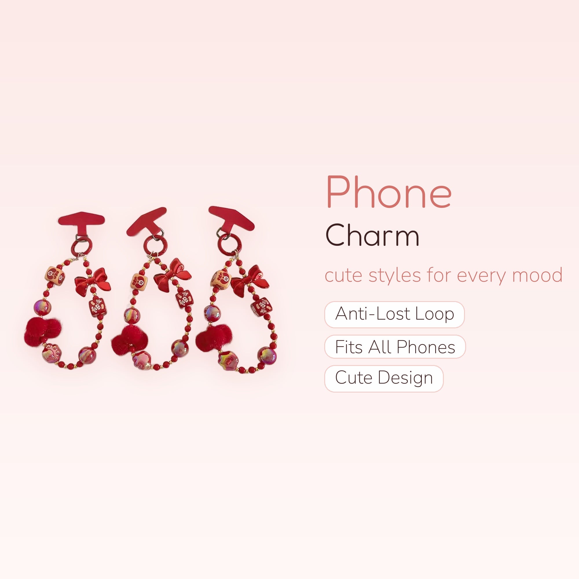 Red Lucky Charm Phone Strap | Kawaii Beaded Wrist Lanyard with Fluffy Poms