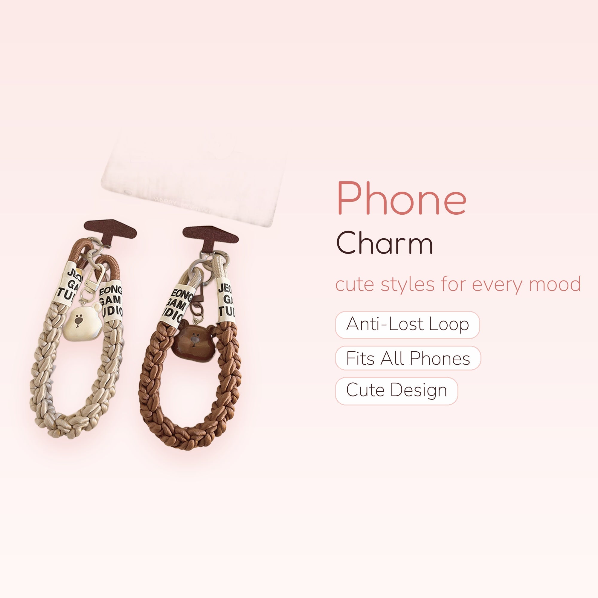 Braided Wrist Lanyard Phone Charm with Bear Pendant | Cute Braided Strap Phone Accessory