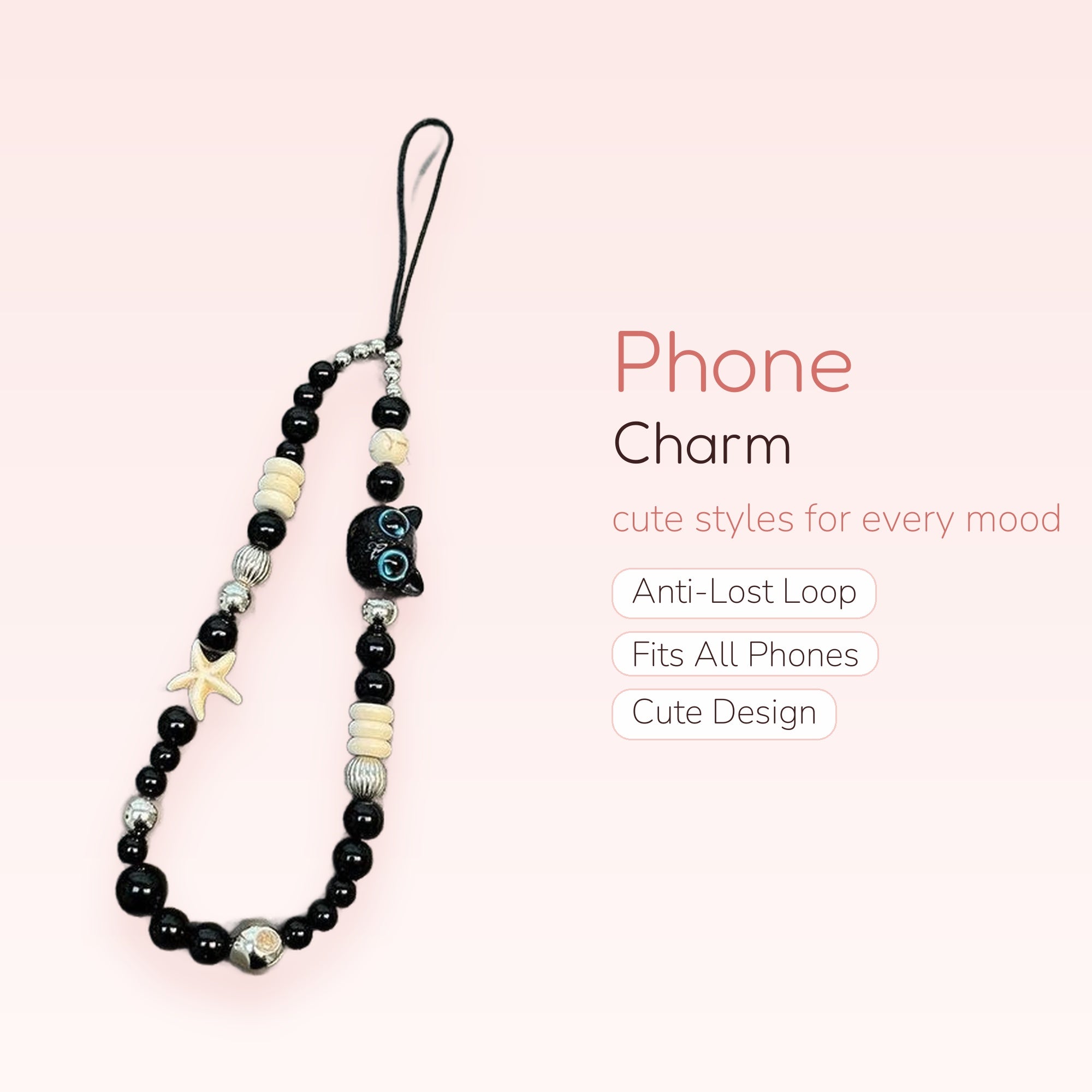 Black & White Beaded Phone Charm | Cute Starfish & Cat Wrist Strap