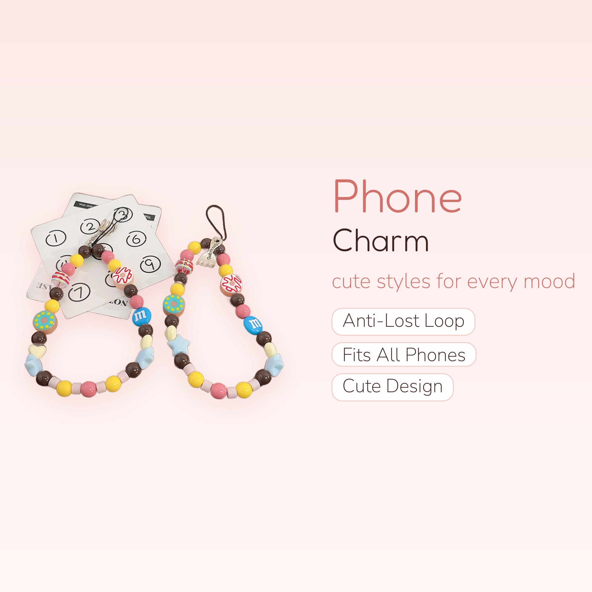 Kawaii Donut & M&M Phone Charm Strap | Sweet Chocolate Beaded Wrist Lanyard