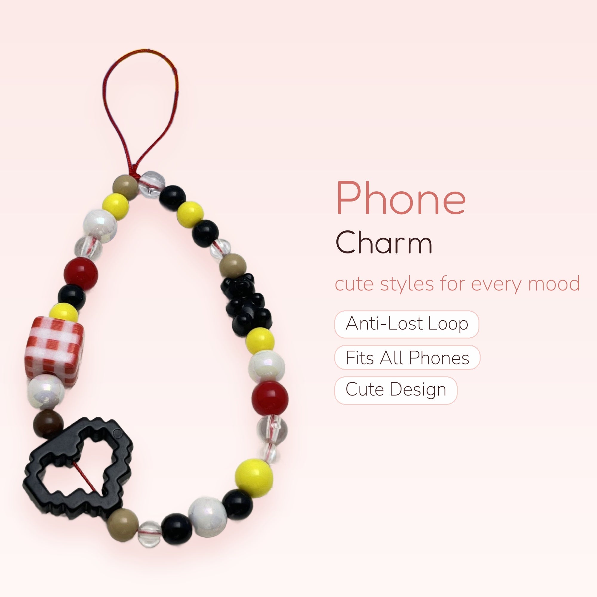 Colorful Beaded Phone Charm Strap | Gingham Cube & Gummy Bear Wrist Lanyard