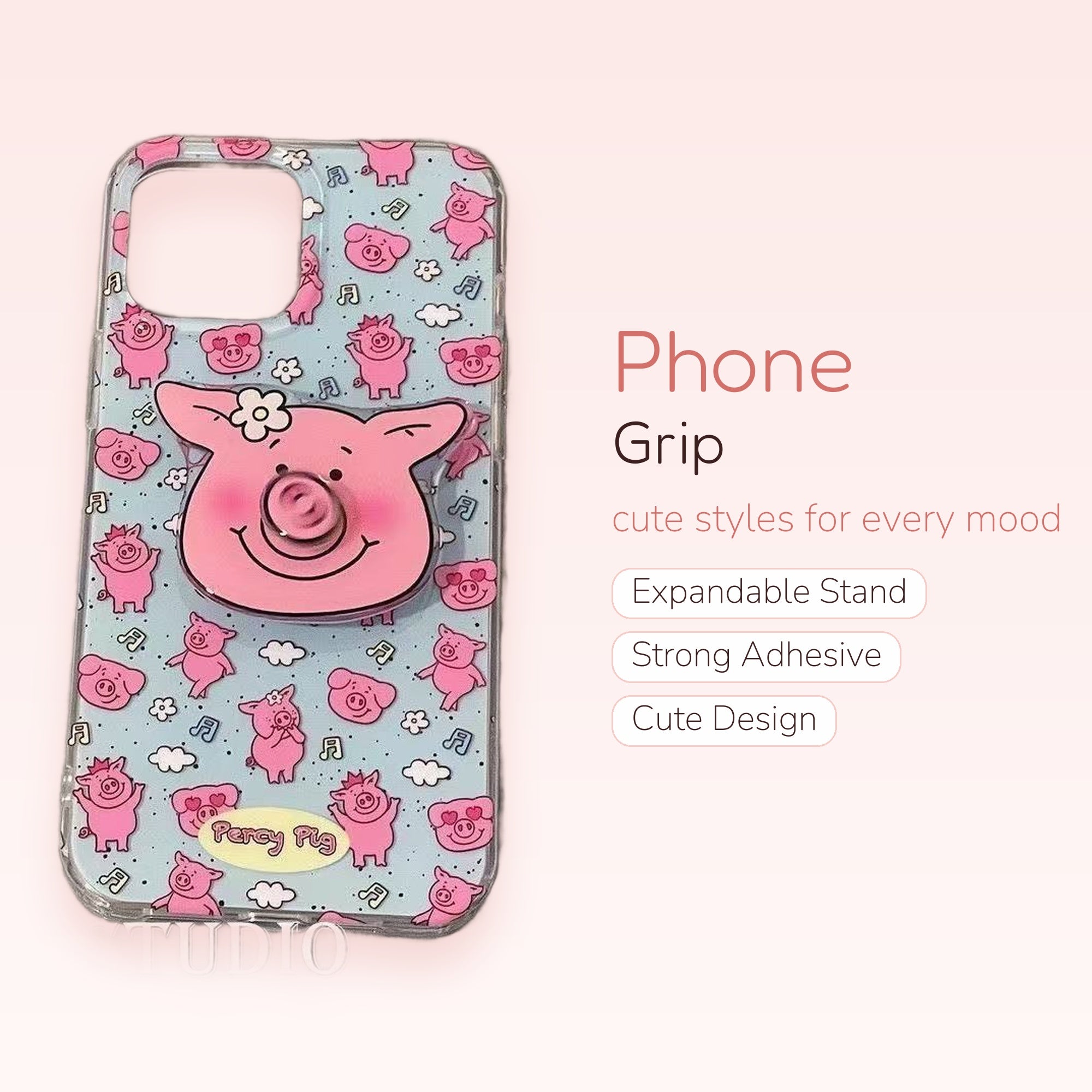 Cute Pink Piggy Phone Grip | Kawaii Cartoon Pop Socket Stand with Flower Accent