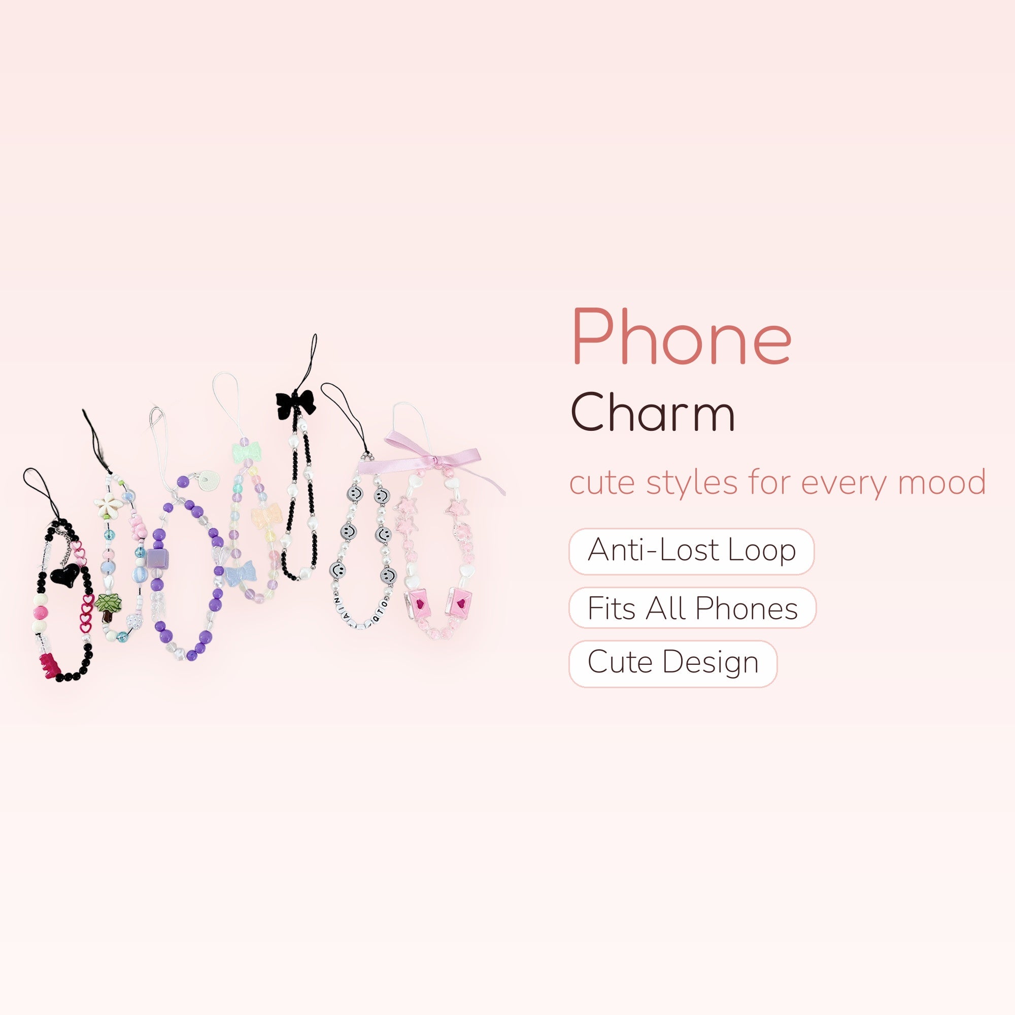 Kawaii Beaded Phone Charm Straps | Y2K Aesthetic Wrist Lanyards with Charms