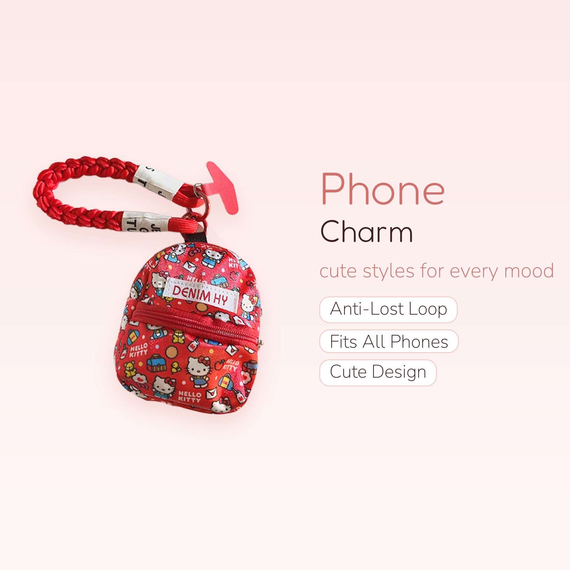 Red Braided Hello Kitty Mini Backpack Phone Charm | Cute Wrist Strap Keychain