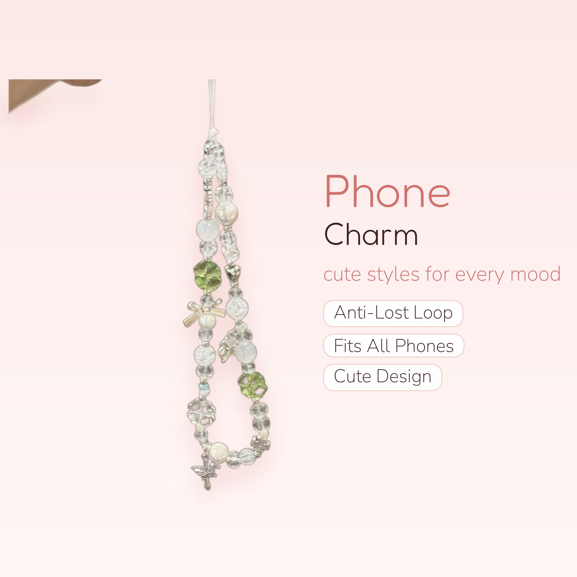 Clear & Green Beaded Phone Charm | Fairycore Dragonfly Wrist Strap